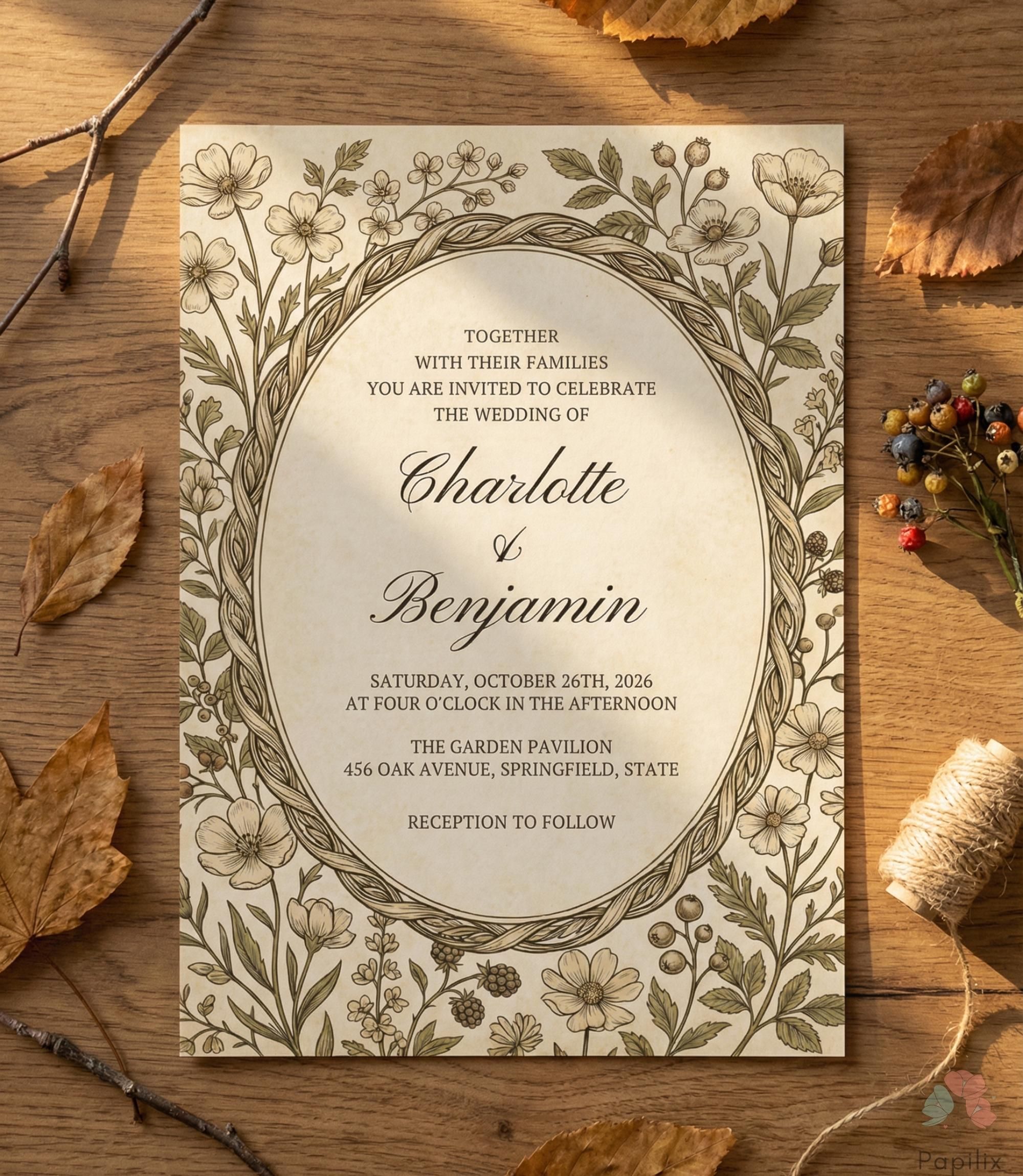 Faire-part de mariage botanique vintage de luxe, invitation intemporelle à une garden-party, faire-part floral élégant en toile verte, romance sophistiquée