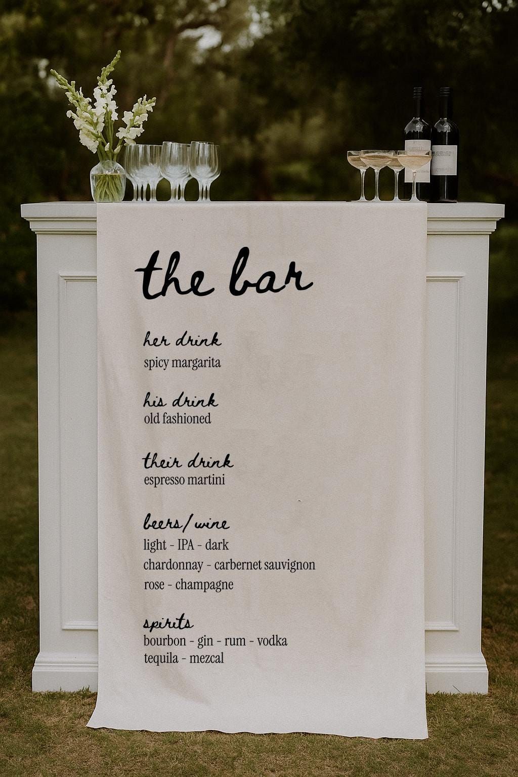 Plaque de bar en tissu, menu de bar en tissu personnalisé, menu de bar de mariage, carte de cocktail en tissu personnalisée, mariage minimaliste, plaque pour lui et pour elle
