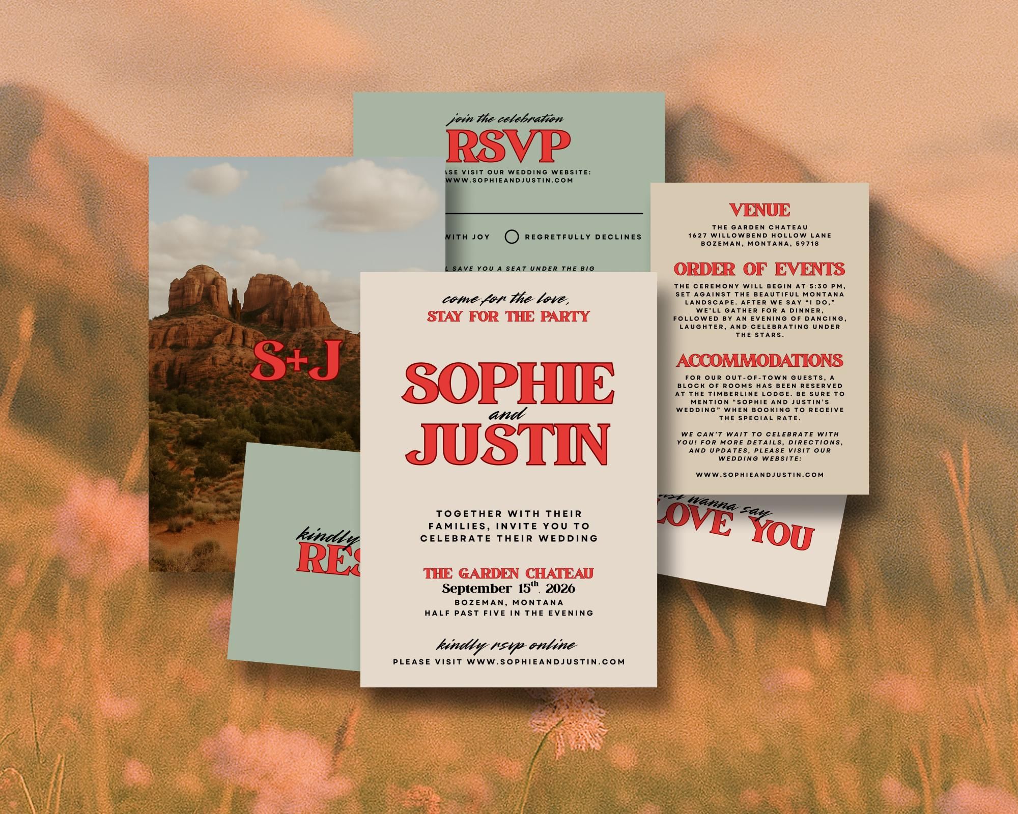 Suite de faire-part de mariage rétro moderne : modèle modifiable rouge vif (téléchargement numérique)