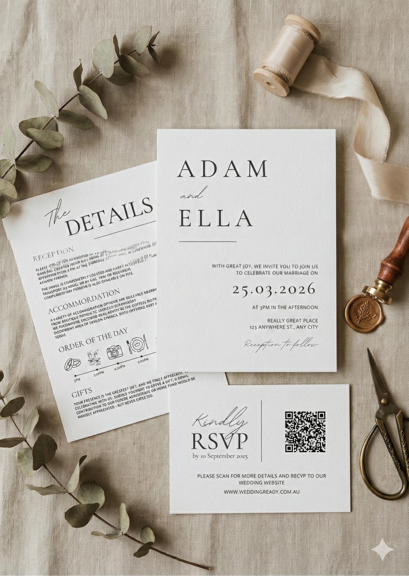 Suite de faire-part de mariage minimaliste | Faire-part en noir et blanc, carte de détails et RSVP | Modèle de toile modifiable | Téléchargement numérique, toile