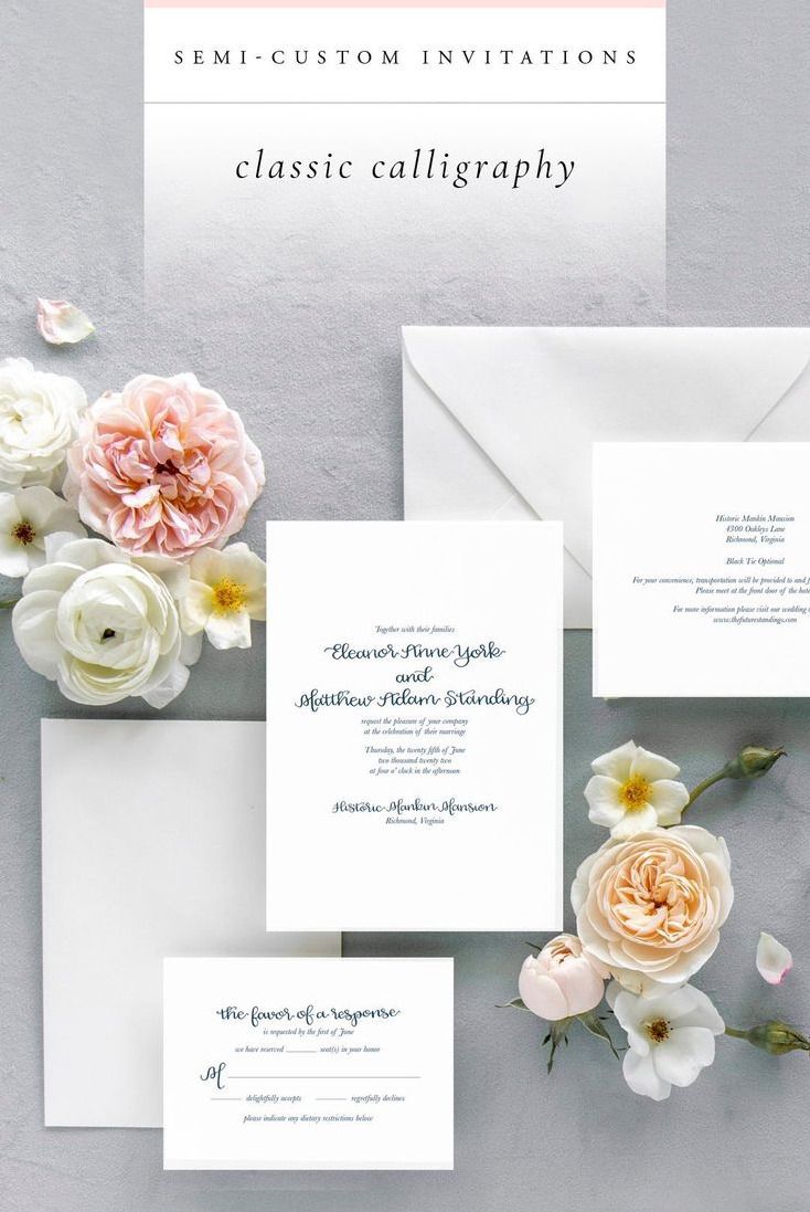 Classic calligraphy wedding invitations featuring semi-custom design elements