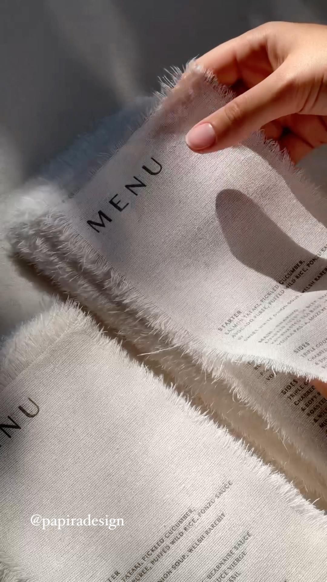 © PAPIRA Fabric Menu. Letterpress linen menu. Organic Wedding & Event Menu for modern celebrations