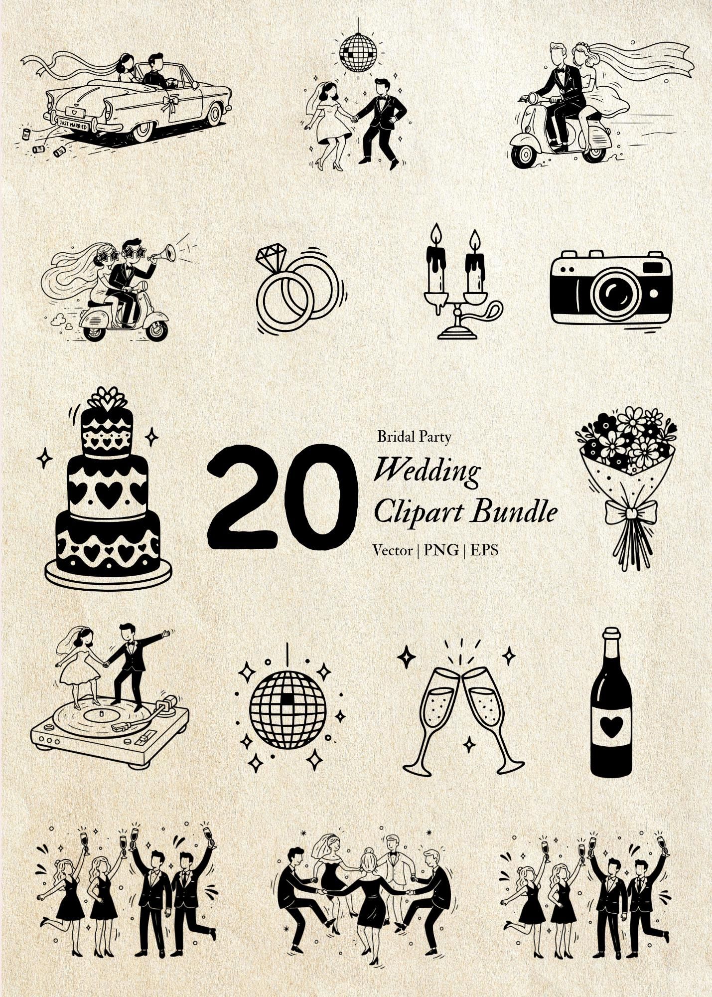 Bundle de cliparts mariage art au trait, vecteur de fête de la mariée SVG PNG, icônes de griffonnages dessinés à la main