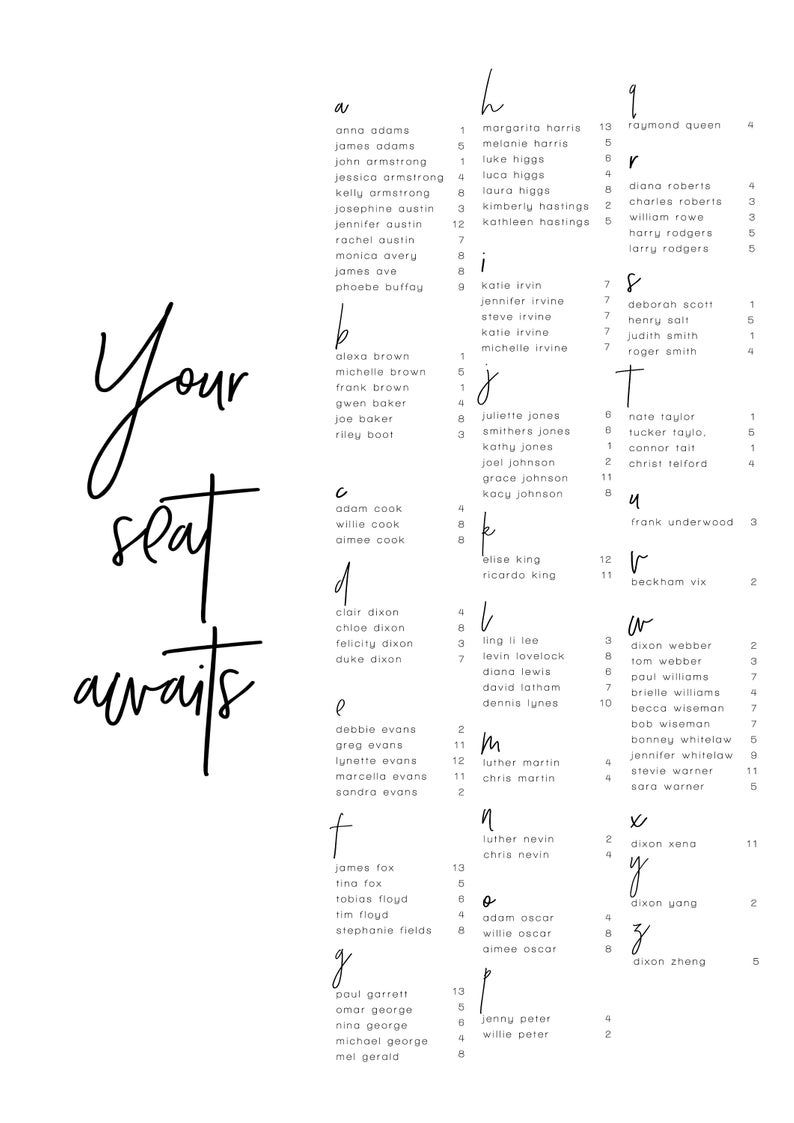 Juliette Minimalist Wedding Seating Chart Template, Alphabetical Seating Chart Wedding, Seating Plan, Editable Seating Chart, Printable 004 — Etsy