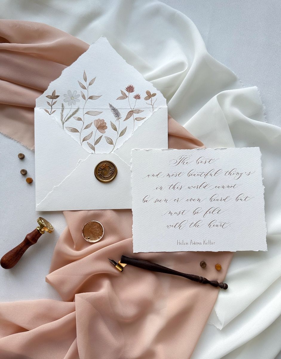 Handmade envelope with watercolor flowers. Modern calligraphy card