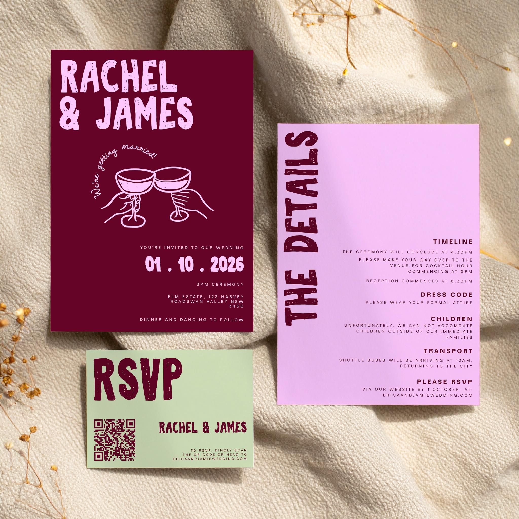 Suite modifiable d’invitations de mariage avec RSVP et carte des détails de la réception | Papeterie illustrée colorée dessinée à la main | Bordeaux et rose