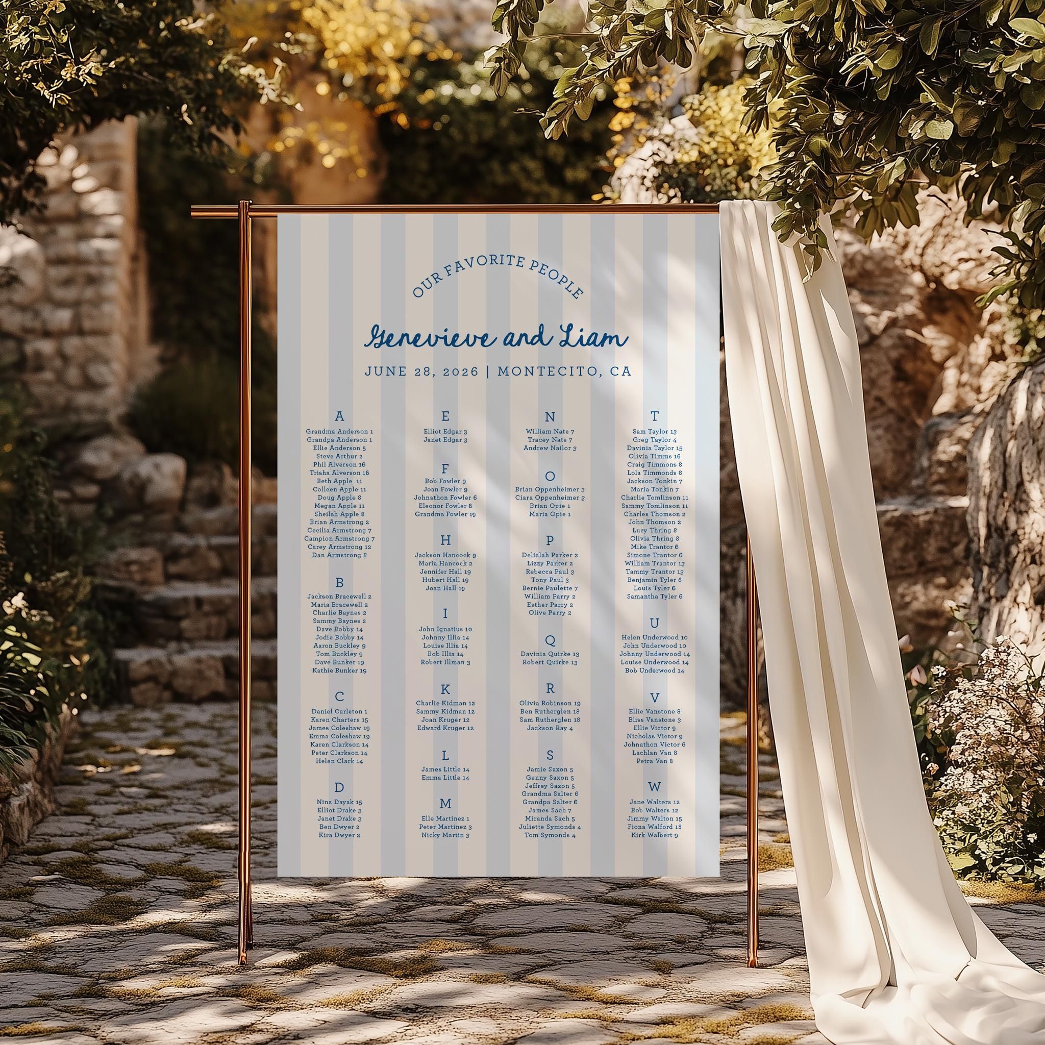 Preppy Stripes Alphabetical Hand Drawn Seating Chart, Alphabetized Plan, Handwritten Whimsical Wedding, Coastal Blues Seating, SN1200_SA