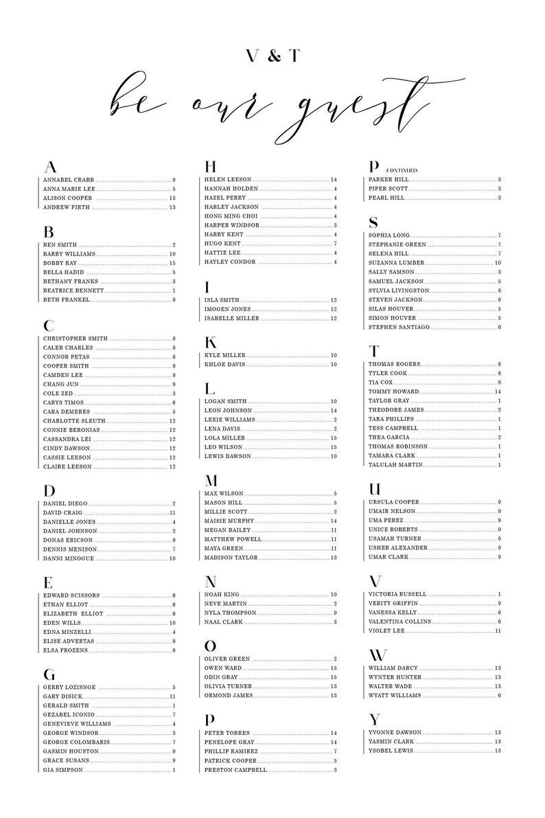 Minimalist Wedding Seating Chart Template Modern Alphabetical — Etsy