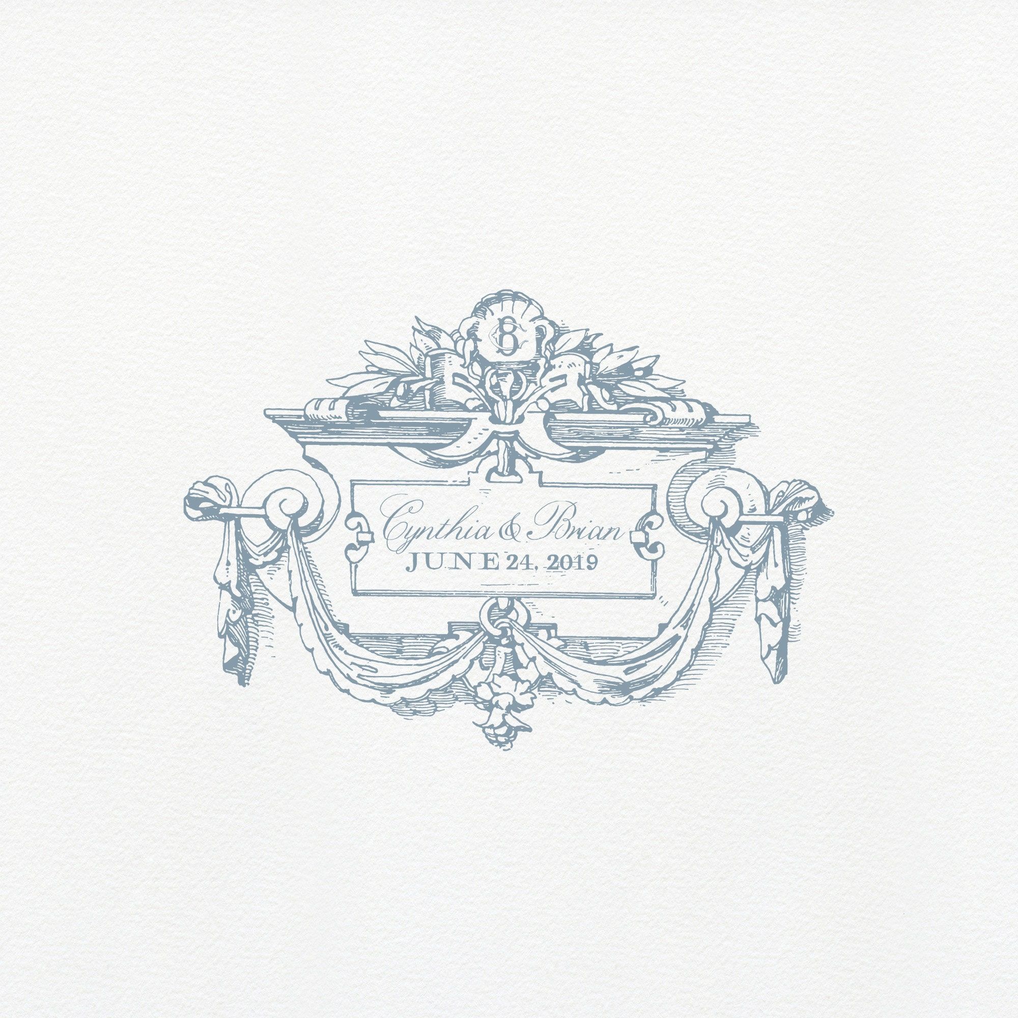 Antique Wedding Logo | Monogram Logo | Green or Blue Engraved — Vintage crest — Architecture Wedding