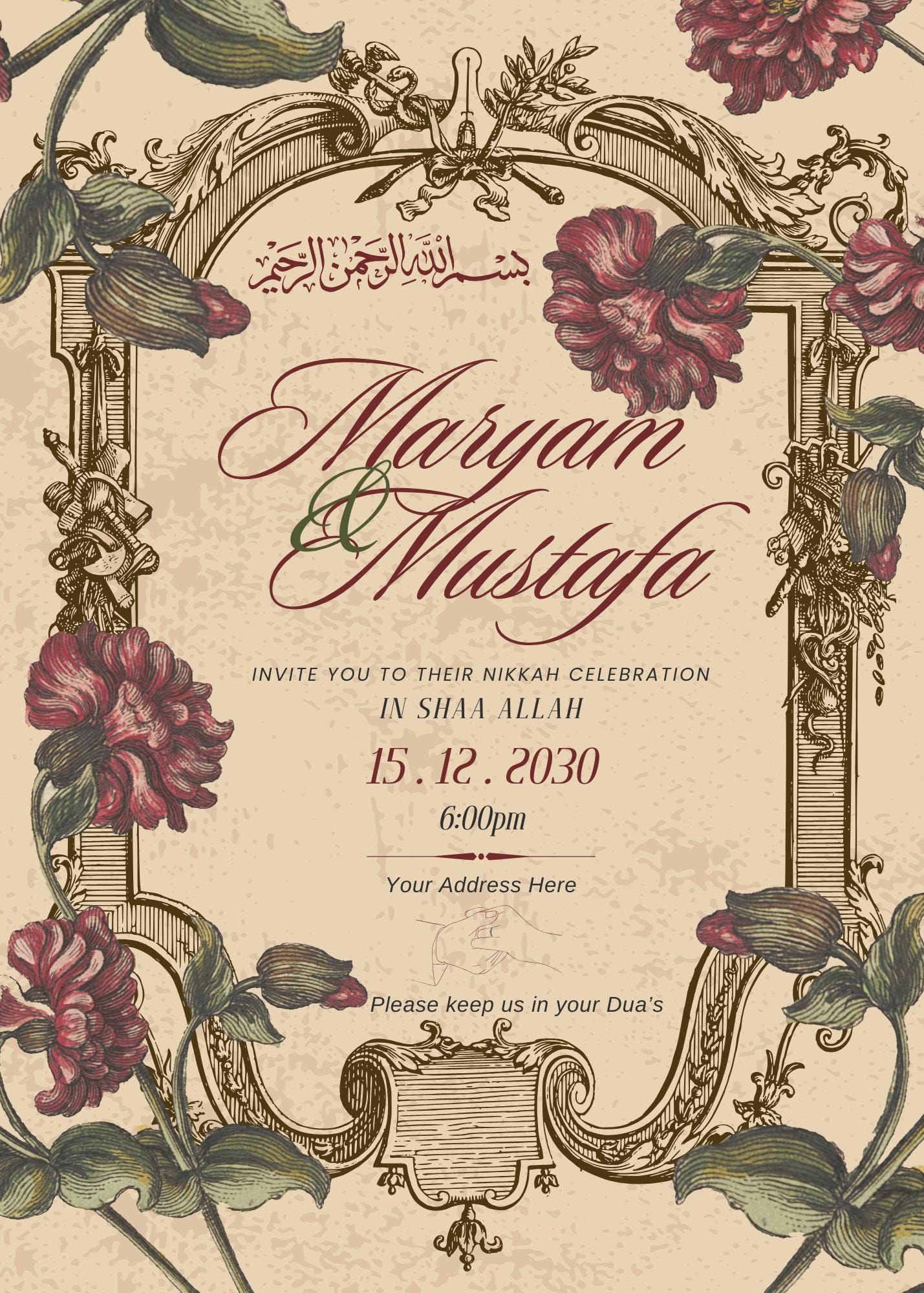 Vintage Nikkah Invitation | Old-style Muslim Wedding Digital Card | Islamic Weddin…