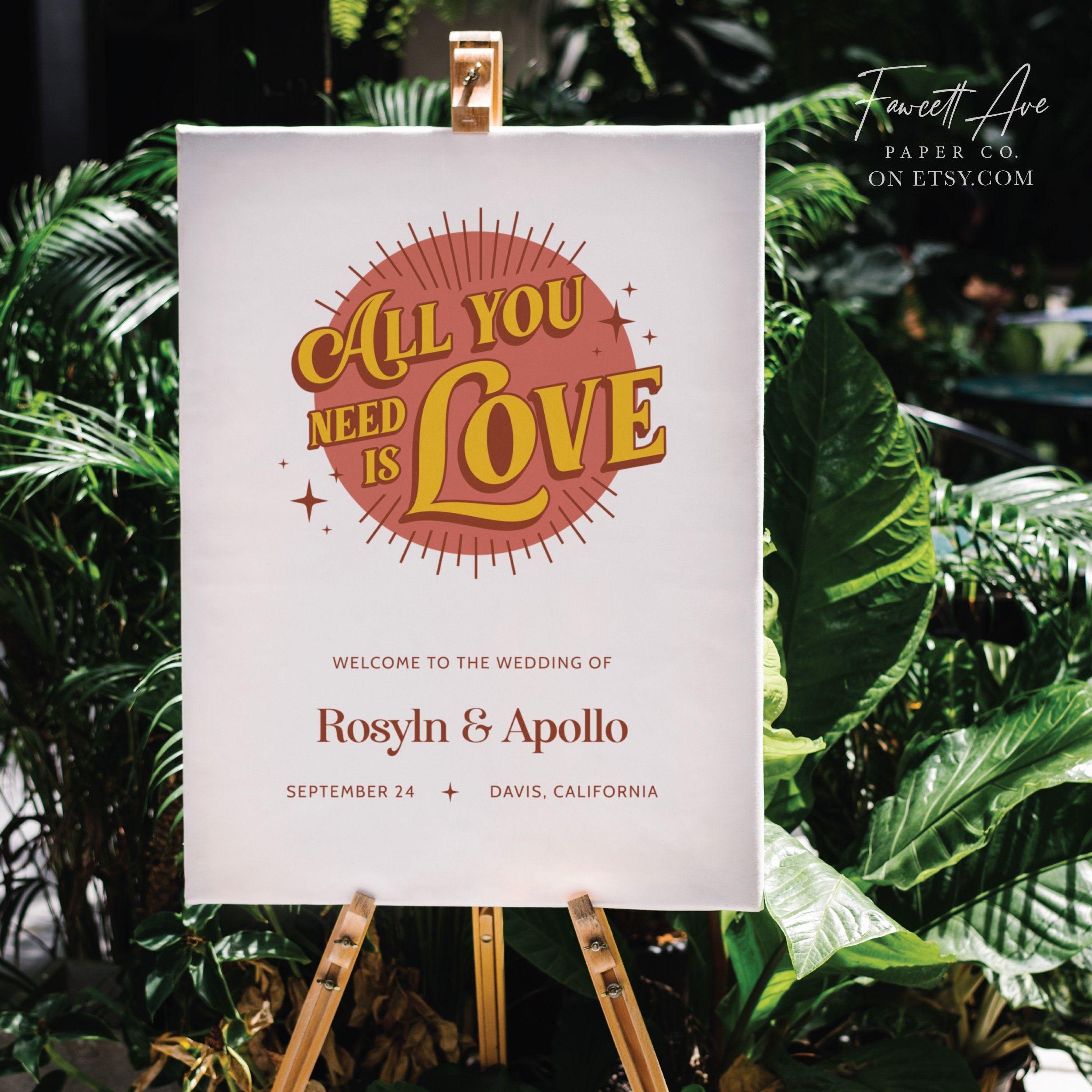 RÉTRO | Plaque de mariage inspirée des années 70 mauve + moutarde ; Panneau de mariage rétro ; Plaque de mariage imprimable ; Modèle modifiable