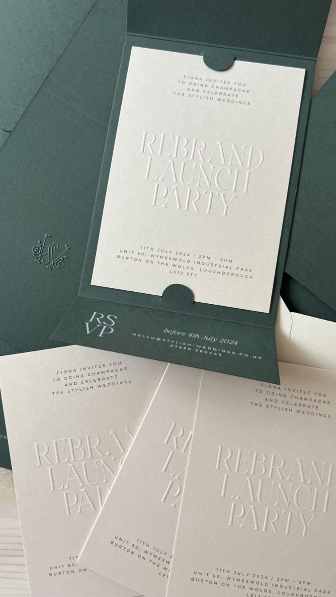 Bespoke Blind Embossed Launch Party Invitations • Wedding Envelope Addressing Typography