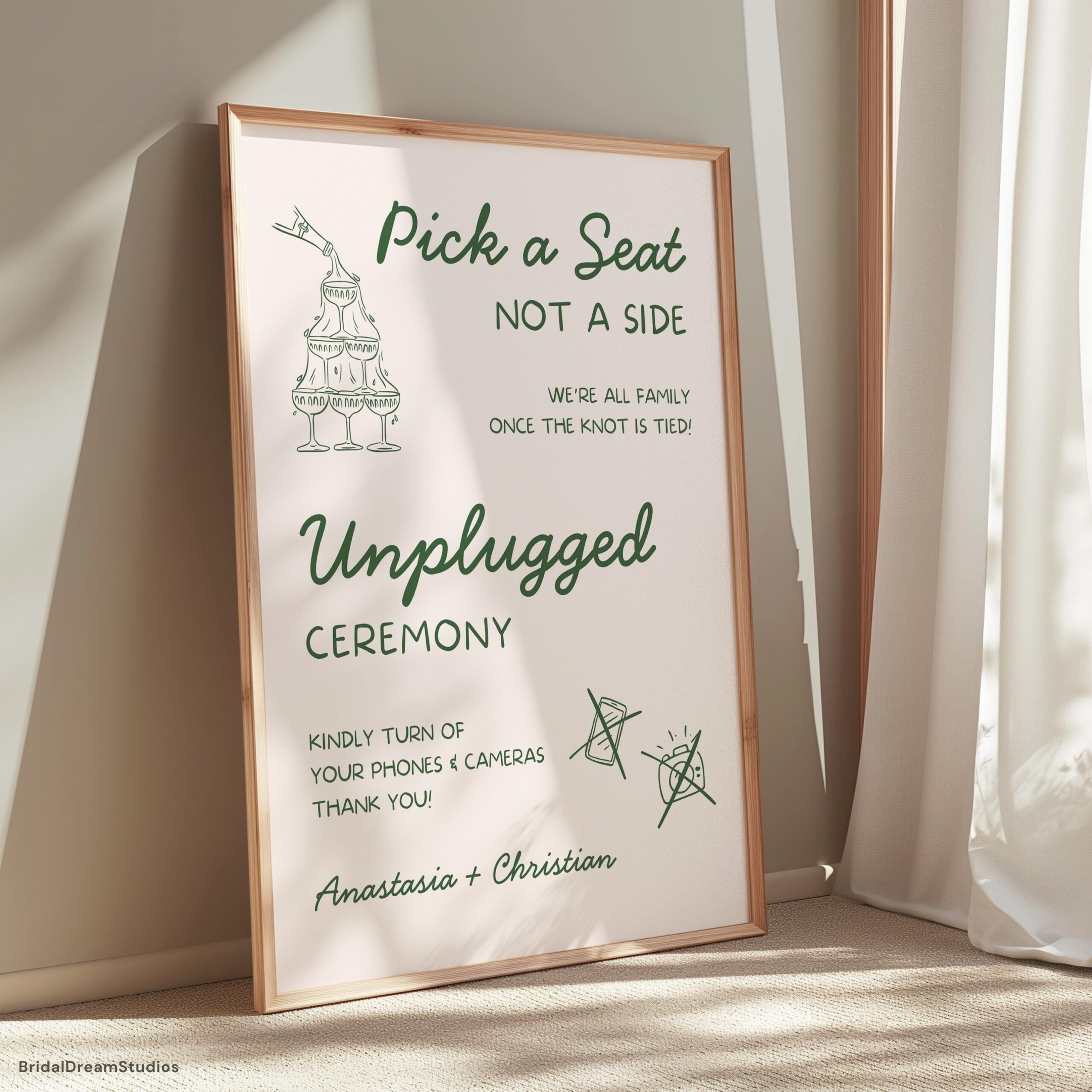 Modèle de plaque de cérémonie moderne débranché Panneau de bienvenue de mariage lunatique dessiné à la main, minimaliste Choisissez un siège, pas un côté, impression sur toile HD4