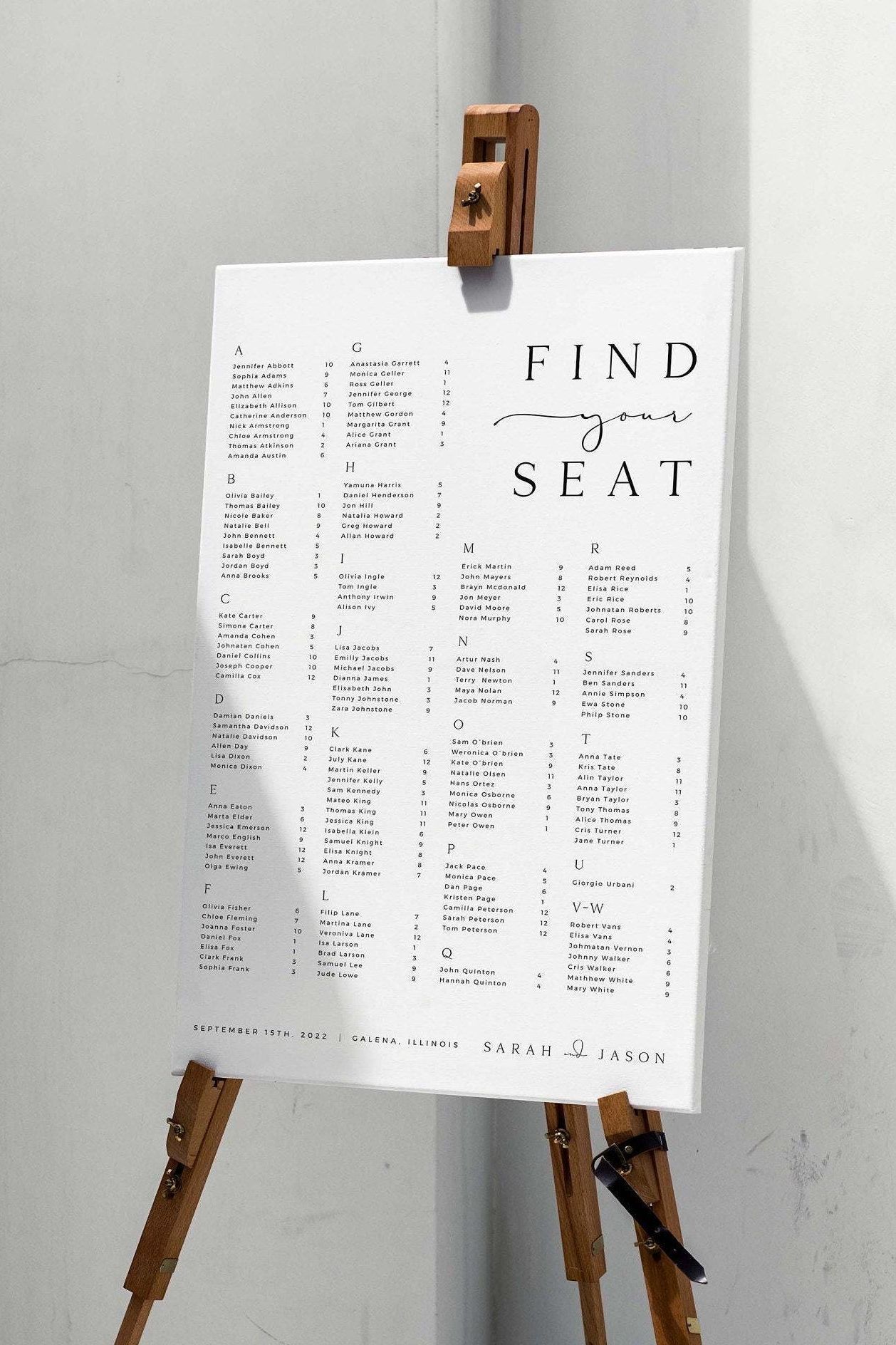 SARAH Alphabetical Wedding Seating Chart Template: Minimal Modern Seating Plan Poster