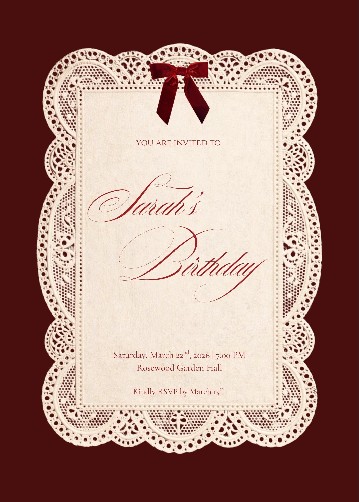 Modèle vintage de faire-part d’anniversaire en dentelle — Modifiable sur Canva