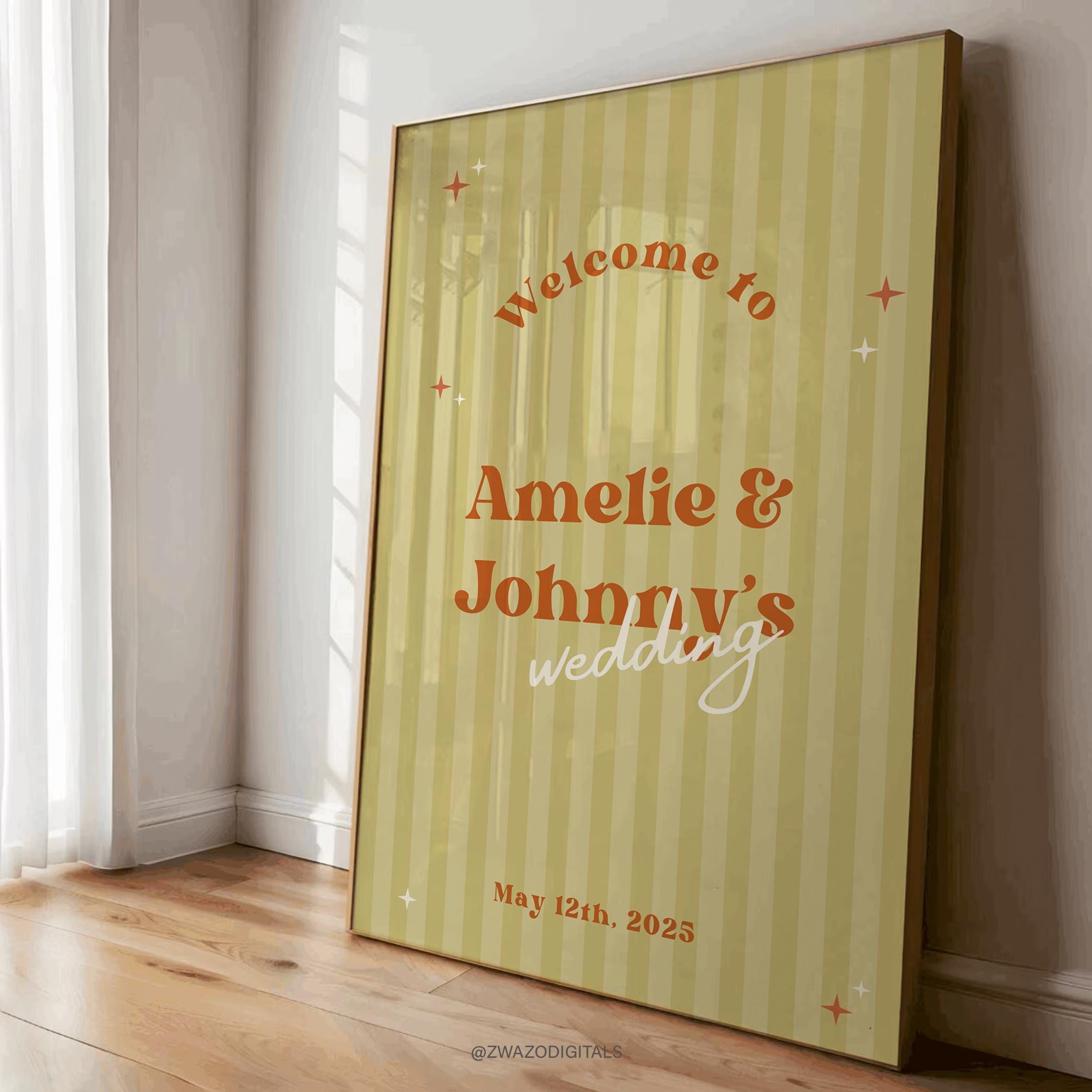 Modèle de plaque de bienvenue pour mariage vintage audacieux et rétro, design funky coloré, Canva, signalisation de réception amusante, mariage moderne, téléchargement numérique