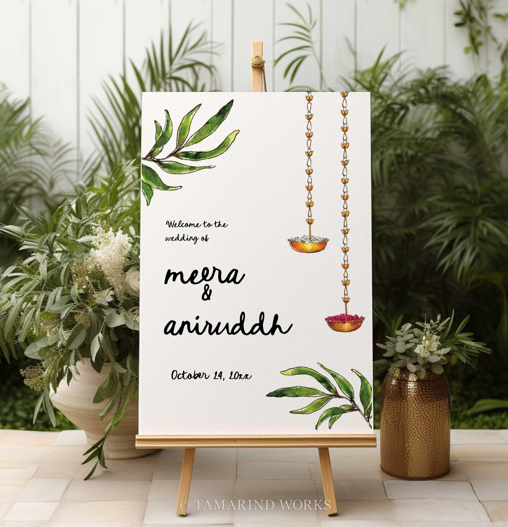 Modèle de plaque de bienvenue de mariage hindou traditionnel, affiche de mariage indienne imprimable aquarelle, feuilles Desi plaque d’entrée modifiable pour la cérémonie tamoule