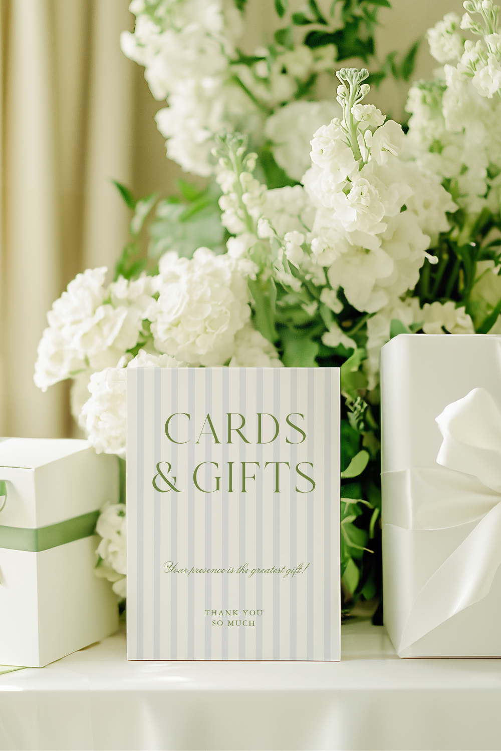 Sage & Soft Blue Striped Wedding Sign – Elegant “Cards & Gifts”