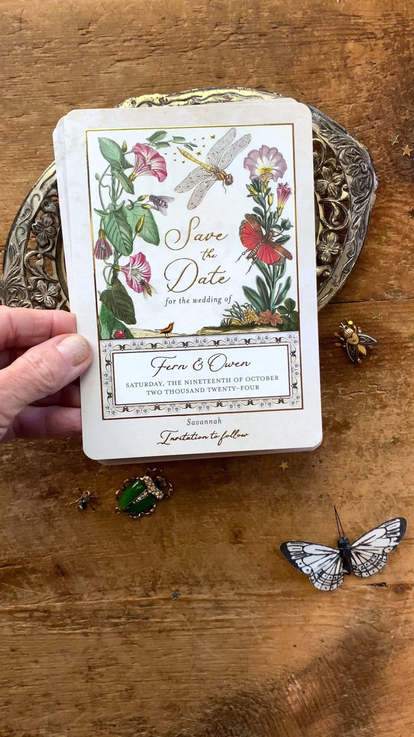 Vintage Botanical Wedding Save the Dates with Metallic Gold Foil — Garden Wedding Chic