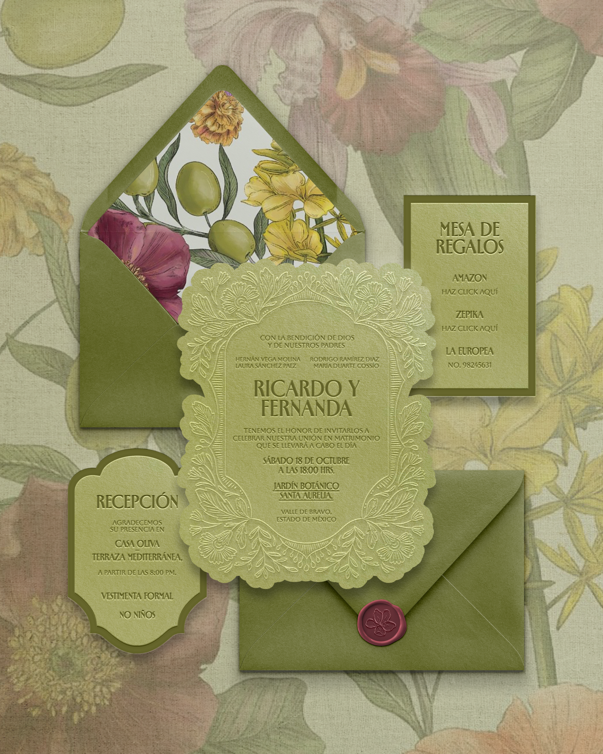 Botanical Wedding Invitation · Olive Green Wax Seal · Custom Stationery