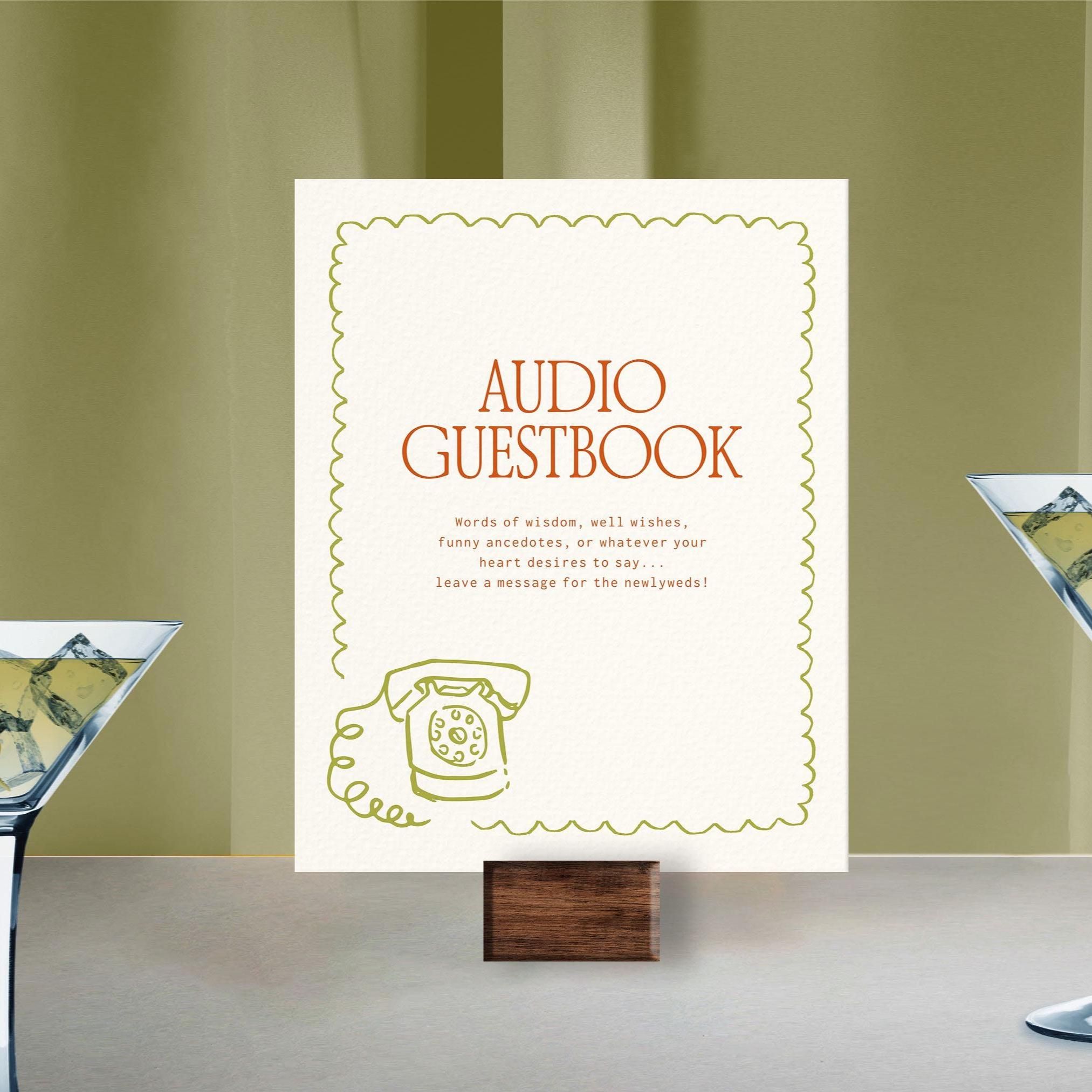 Modèle de plaque de livre d’or audio, message téléphonique, messagerie vocale de mariage, illustration de téléphone vintage, laissez un message pour les jeunes mariés, rétro