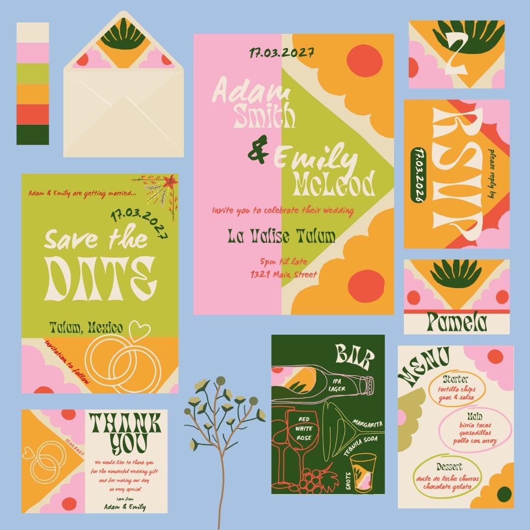 Suite d’invitations de mariage florales rétro : modèles modifiables colorés (PDF)