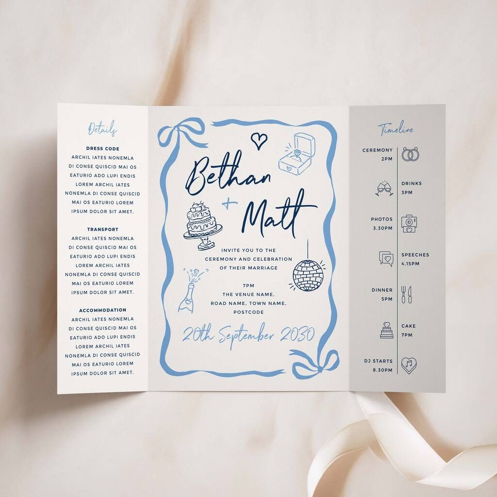 Blue Hand Drawn Theme Gatefold Wedding Invitations