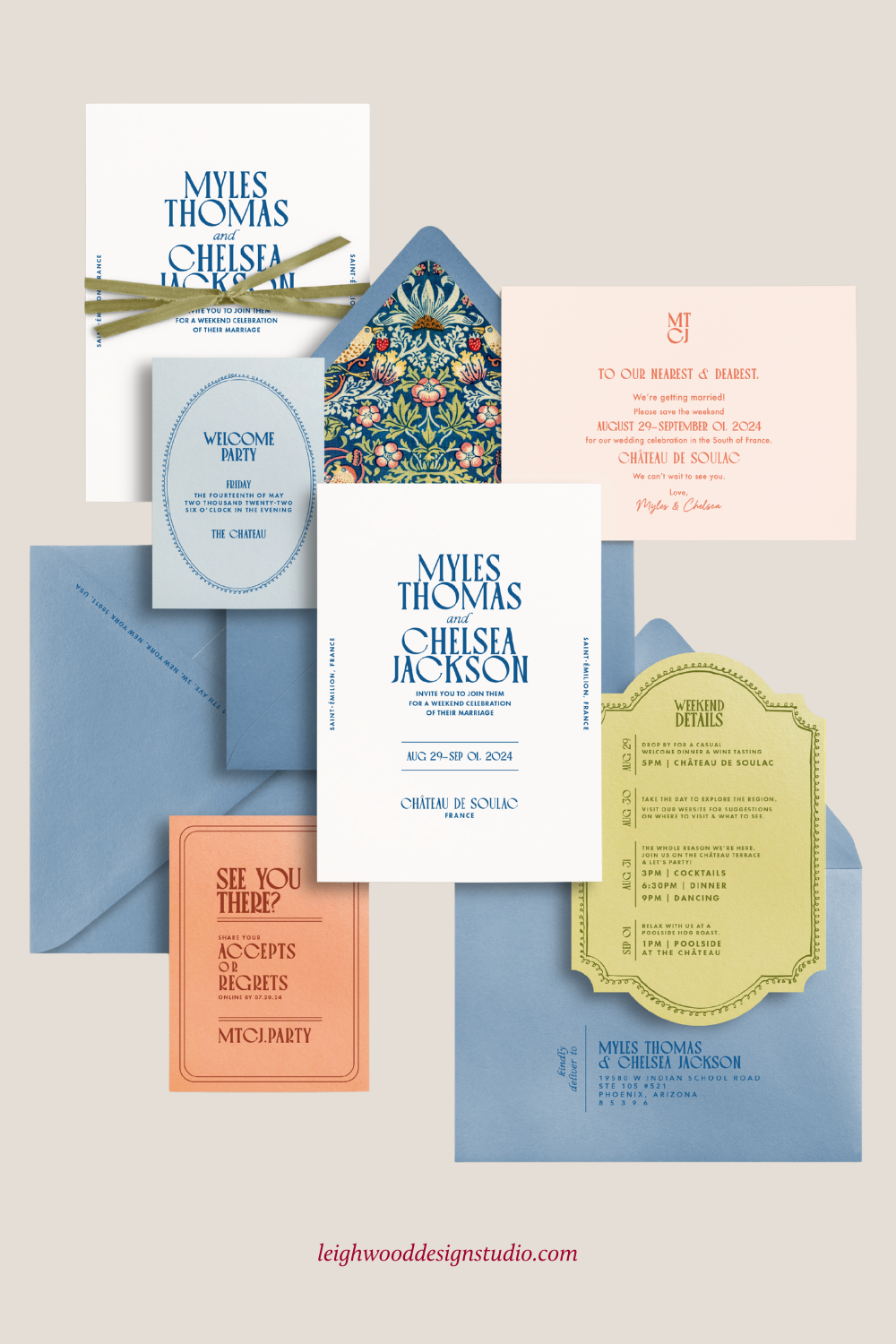 SummerWedding Invitation Suite With Bright Colorful Palette And Art Deco Aesthetics