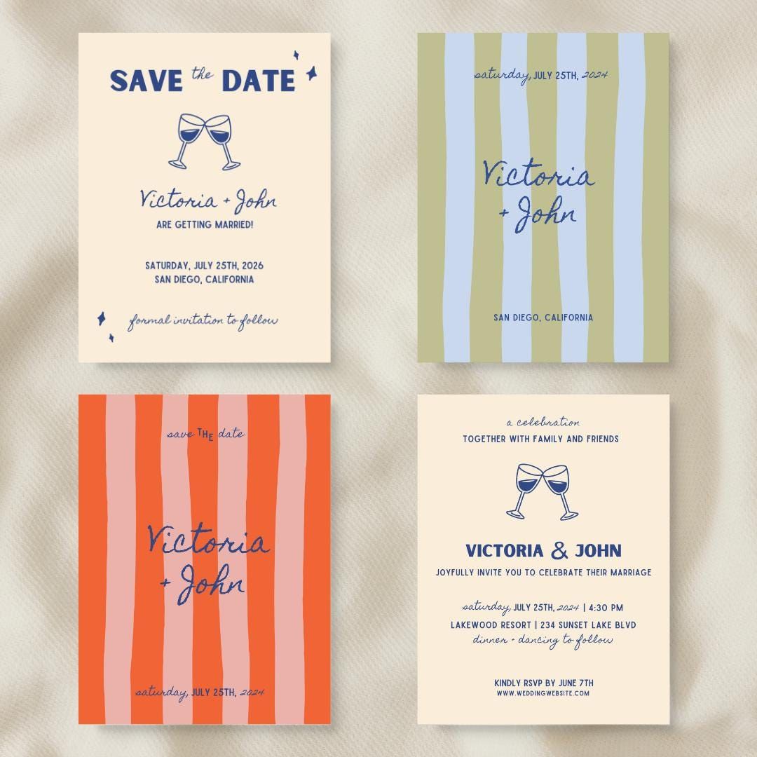 Faire-part de mariage et modèle «Retenez cette date» | Amusant, coloré, illustrations | Téléchargement numérique instantané | Modifier sur Canvas | Cartes de mariage tendance