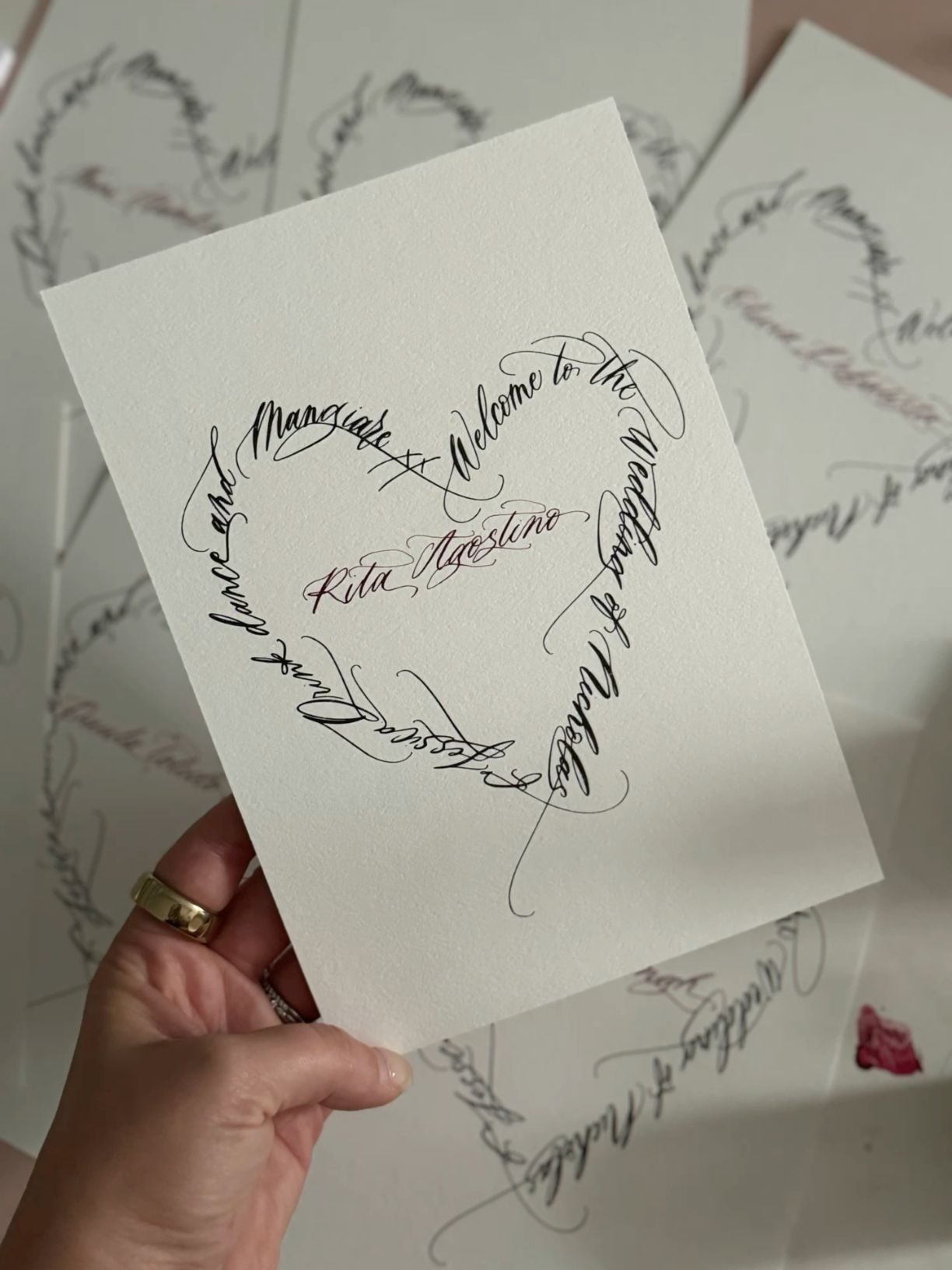 Wedding menus heart calligraphy