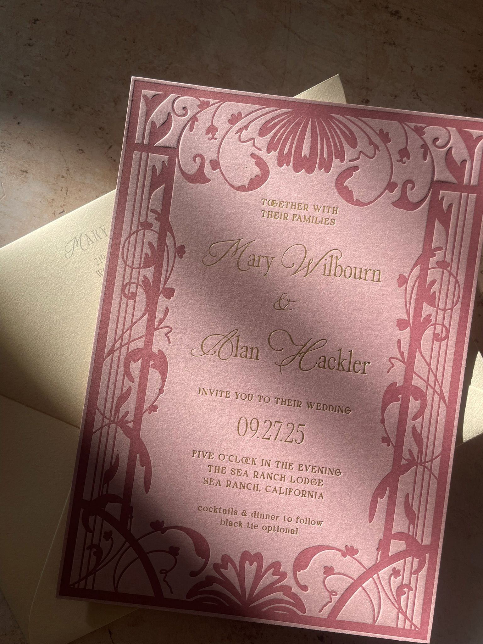 Classic romantic letterpress & gold foil pink wedding invitation | Elegant vintage ornamental invite
