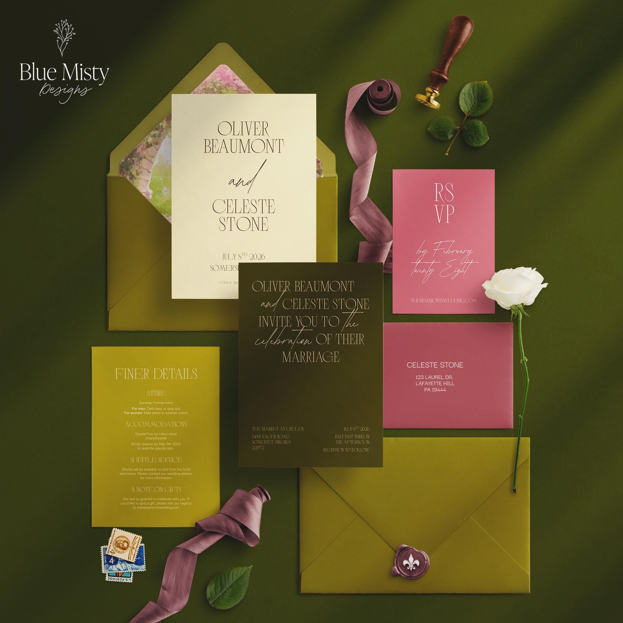 Style éditorial, Mariage romantique dans un jardin, Thème vert et rose, Modèle d’invitation de luxe