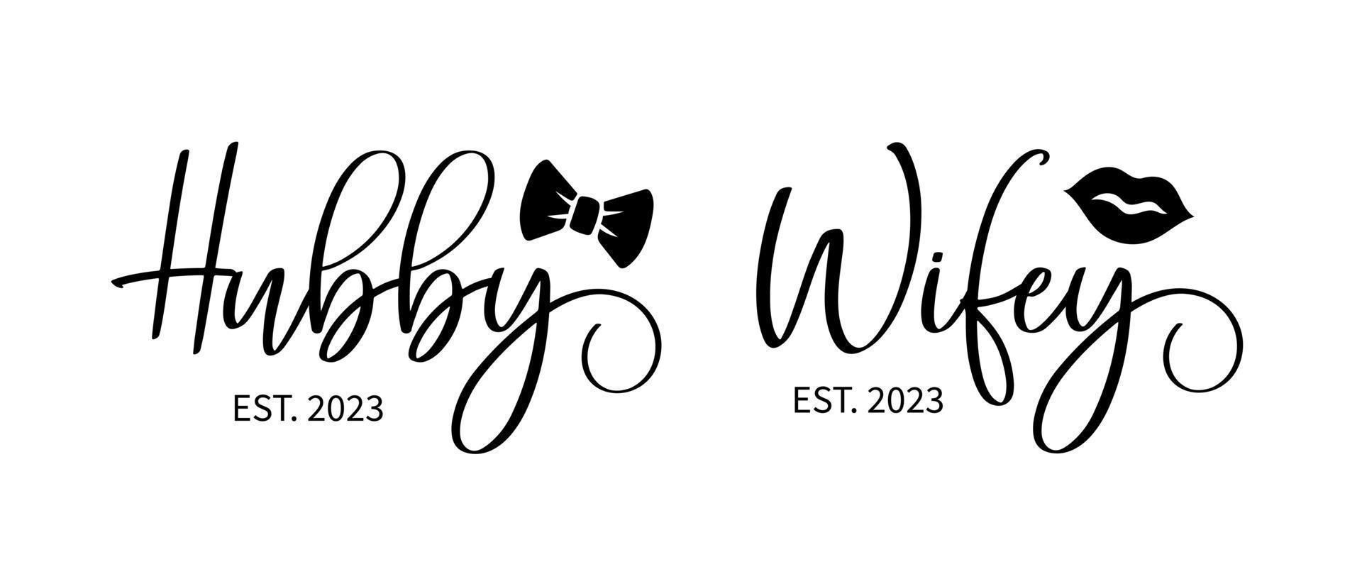 Hand lettering hubby wifey mr and mrs wedding bride groom couple love heart typography words calligraphy greeting card invitation background