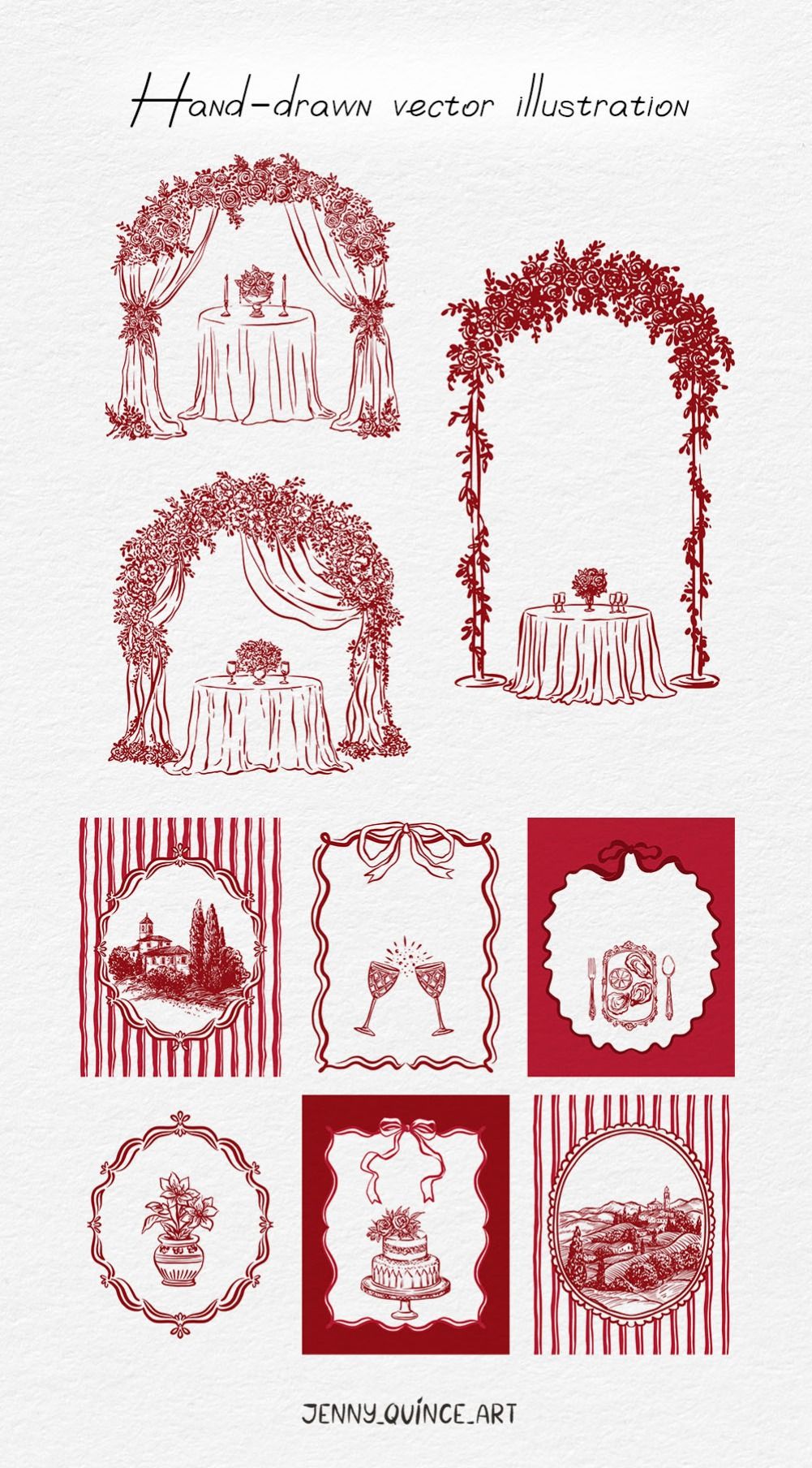 Rococo Wedding Arches & Art Cards – Whimsical Cherry Tones, 2025 Trend