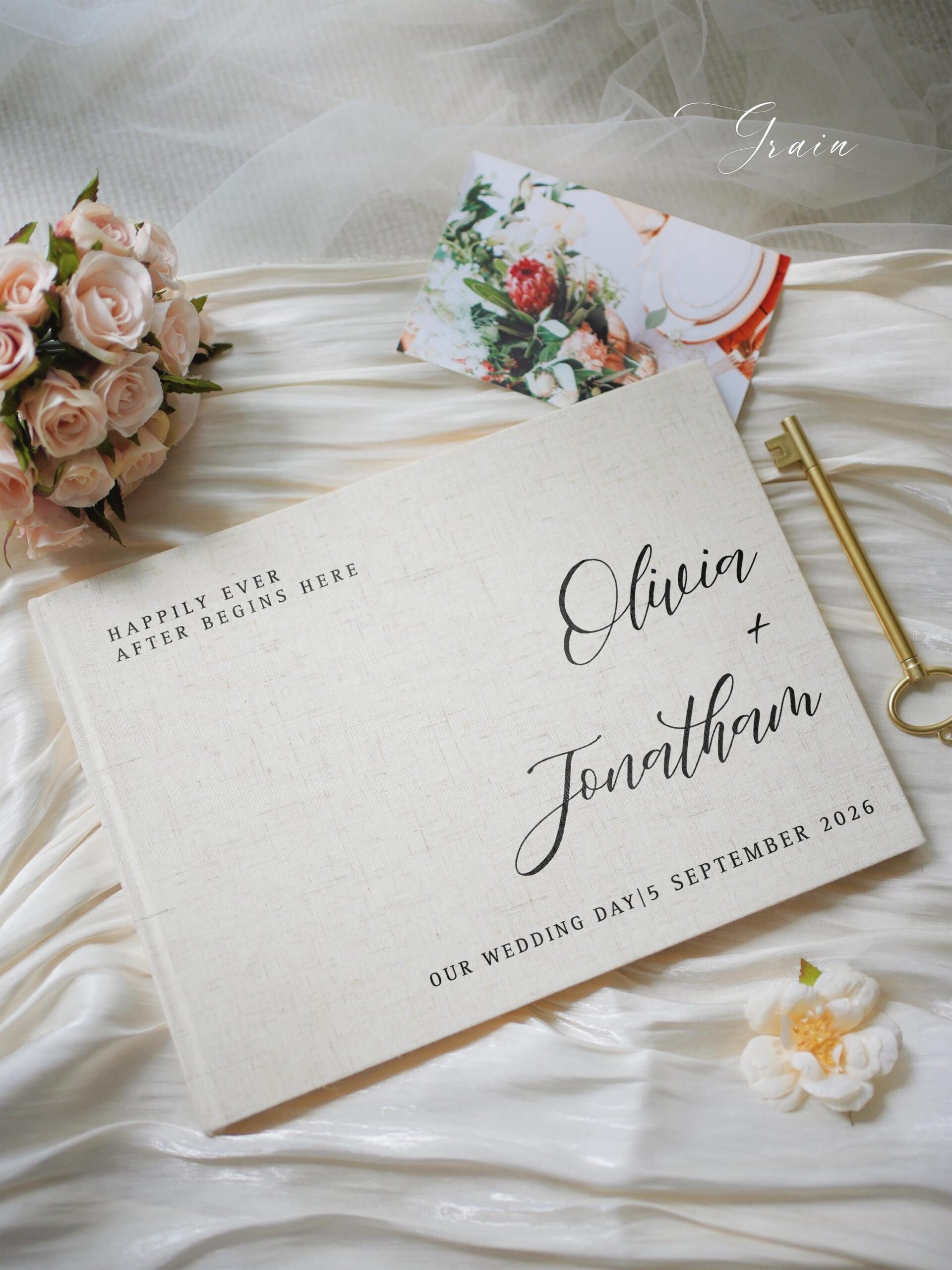 Livre d’or personnalisé pour mariage en lin : album photo moderne de scrapbooking