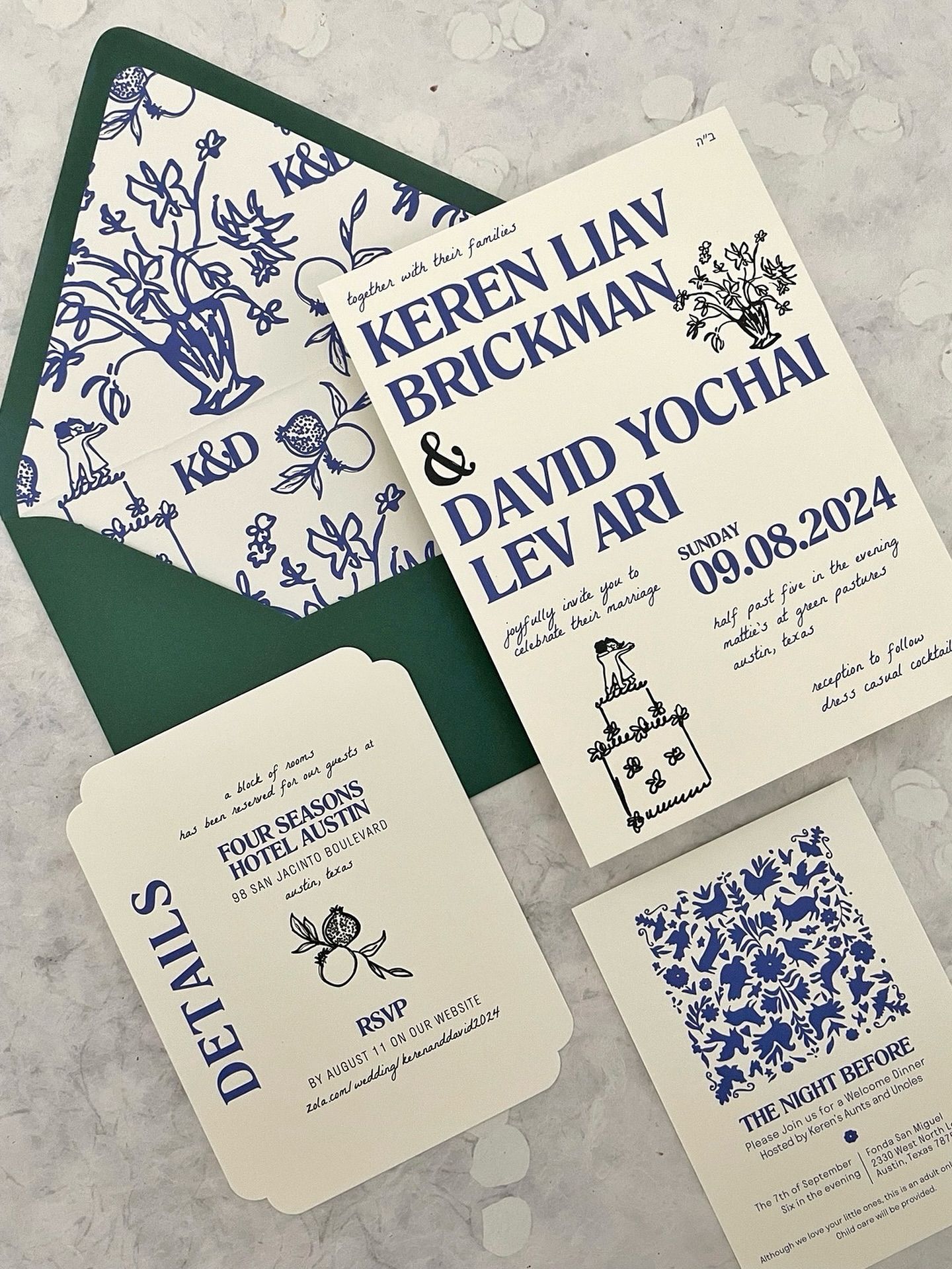 Modern Bold Typography Wedding Invitations in Blue and Cream