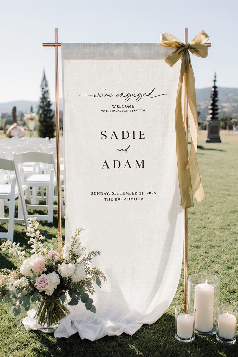 Plaque personnalisée de fête de fiançailles, plaque de bienvenue minimaliste, affiche de bienvenue sur notre fiançailles modifiable, bannière de célébration élégante elle a dit oui