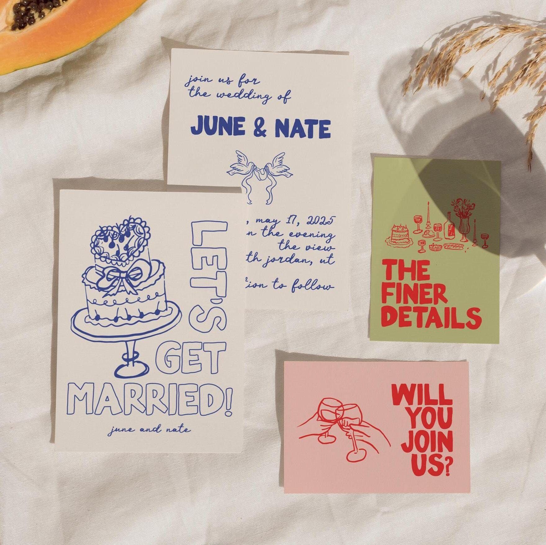 Faire-part de mariage coloré | Faire-part de mariage dessiné à la main | Faire-part de mariage unique | Faire-part de mariage lumineux | Faire-part de mariage audacieux