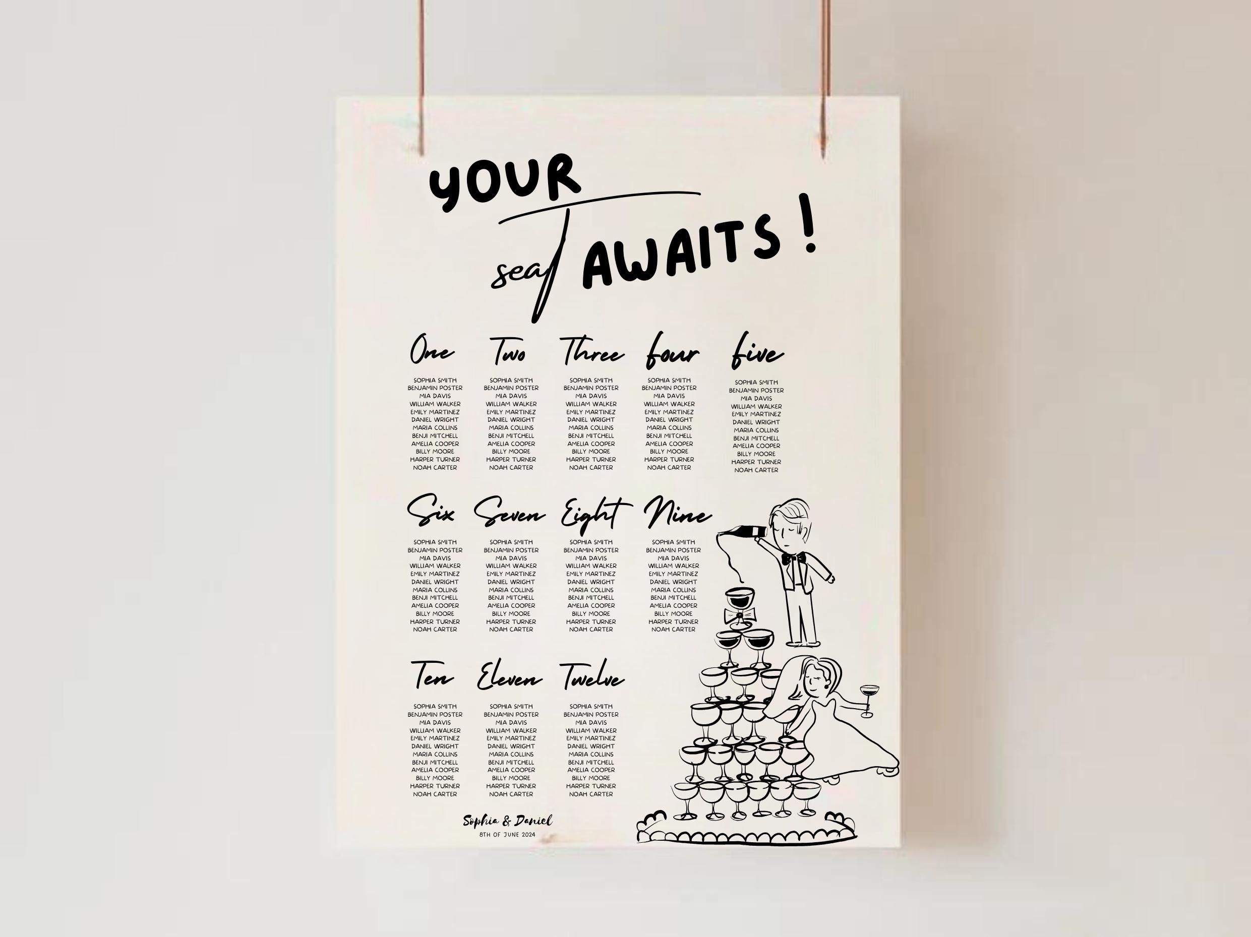 Wedding Seating Chart Template Champagne Tower Hand Drawn Bride and Groom Seating Plan Handwritten Reception Sign , Wedding Table Plan Sign — Etsy