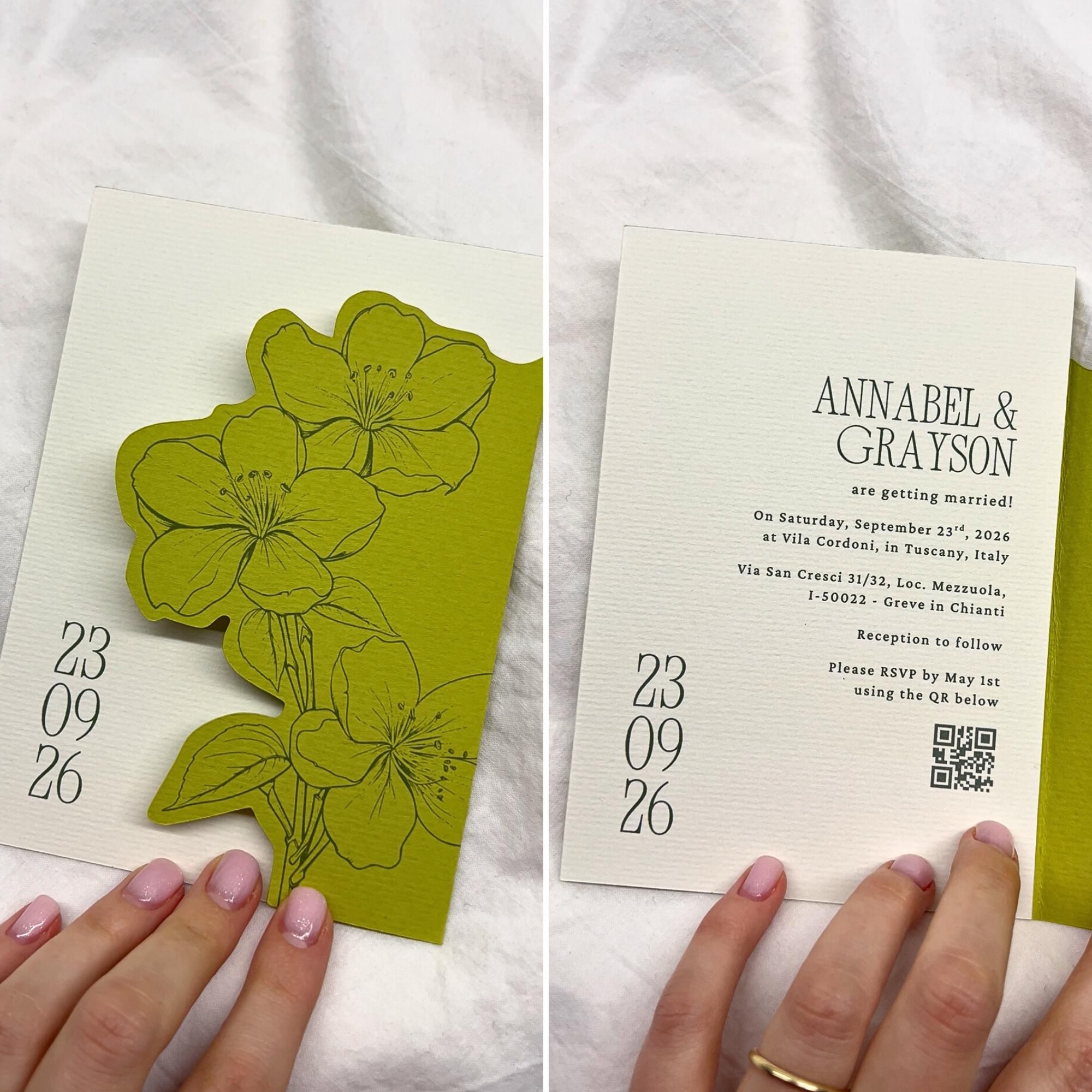 de Faire-part de mariage et veste de couleur verte | Invitation florale imprimée puis coupée de style Cricut | Toile d’invitation modifiable + Retenez la date