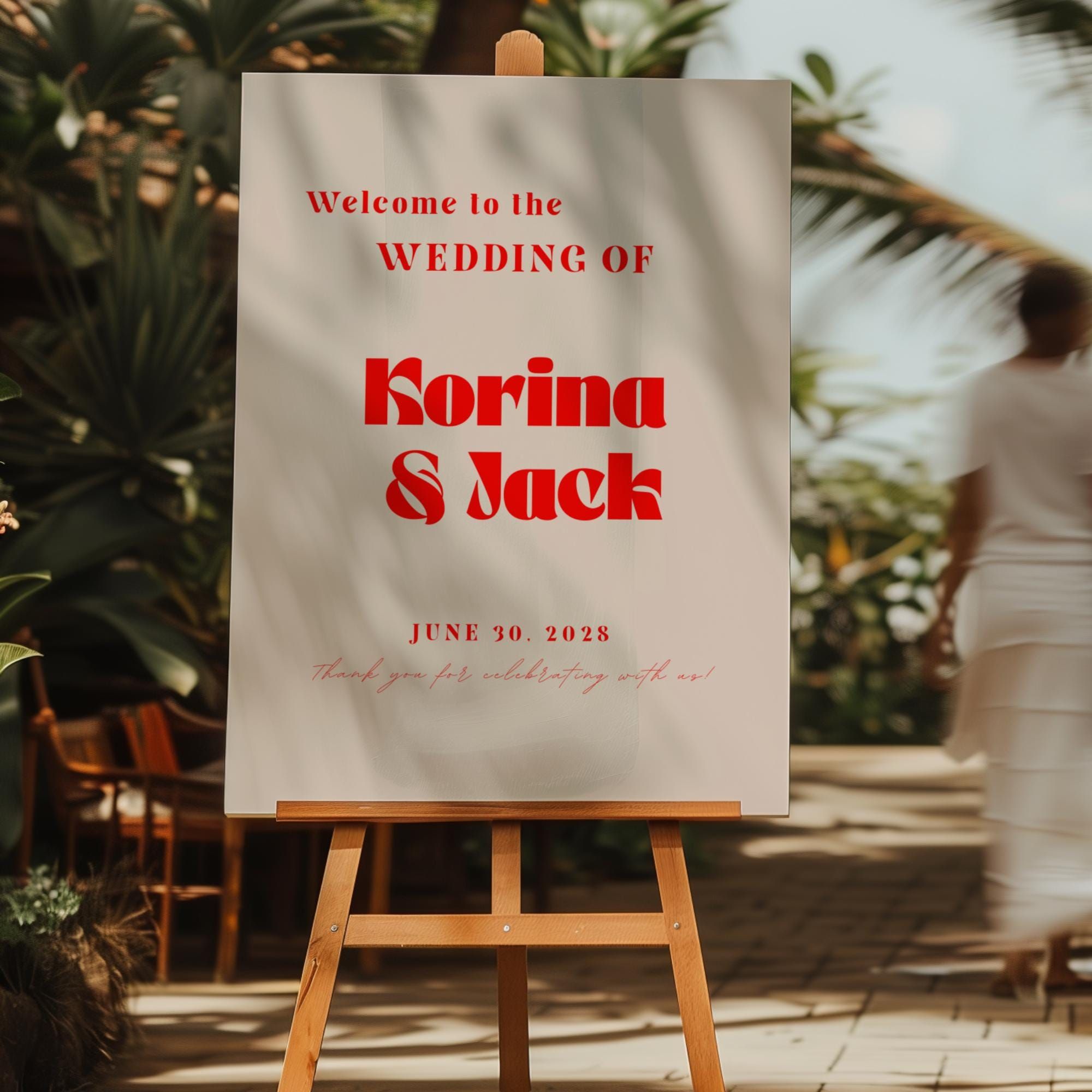 Modèle de plaque de bienvenue de mariage rétro, signalisation de mariage vintage, plaque de bienvenue colorée funky, décoration de mariage rétro en toile modifiable — WD014