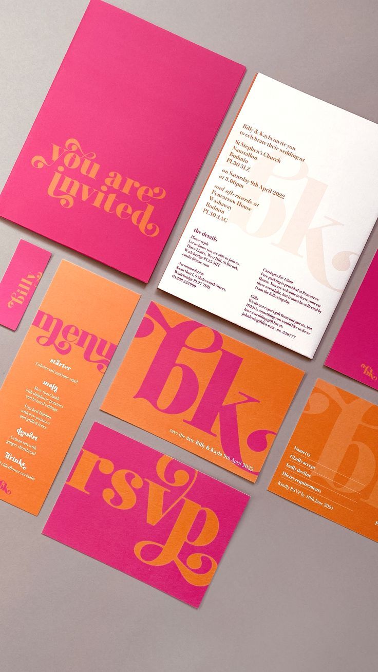 Modern Wedding Stationery. Unique, retro, contemporary, funky, distinctive, pink, orange