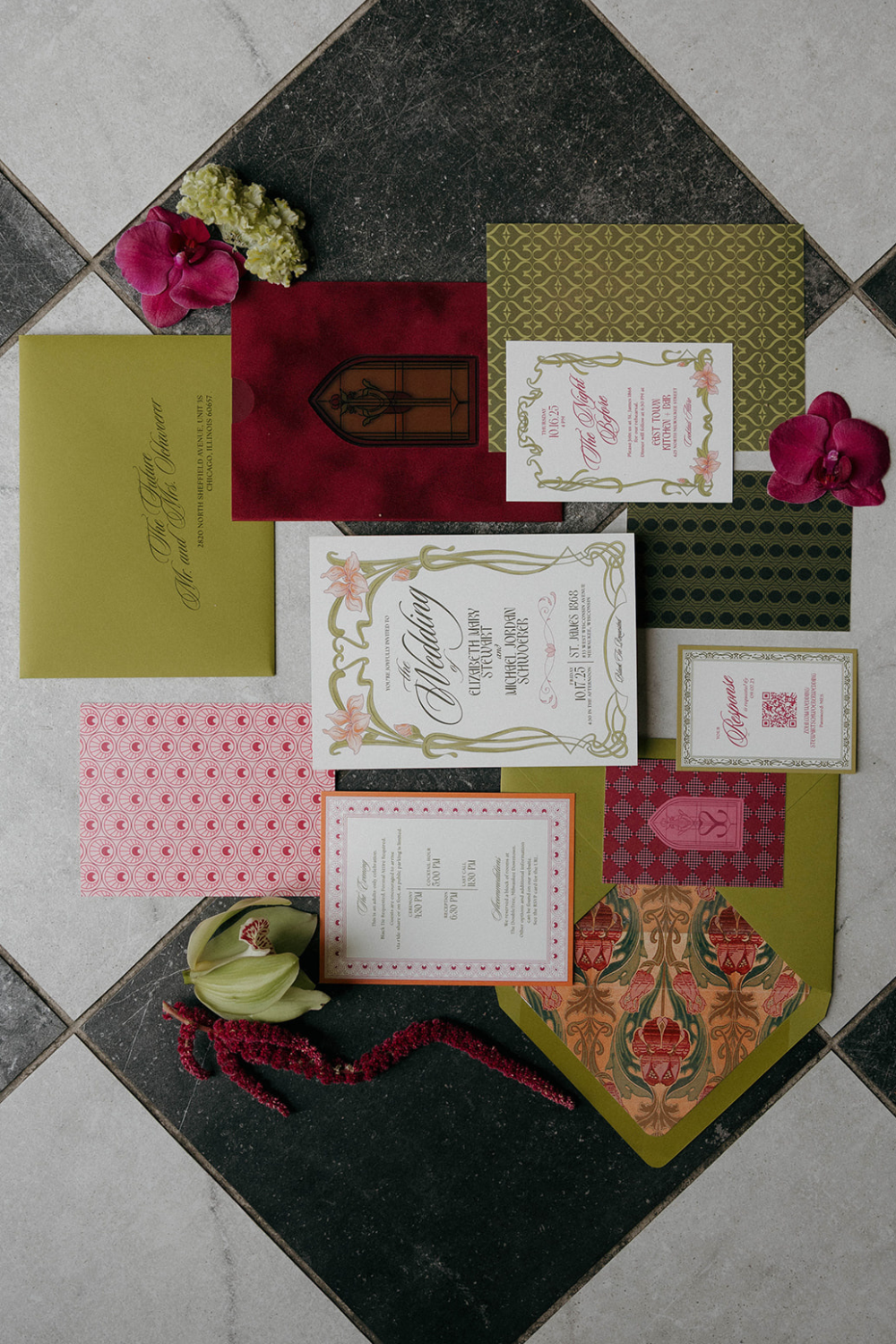 Bespoke Romantic Wedding Invitation Suite in Raspberry and Green Color Palette