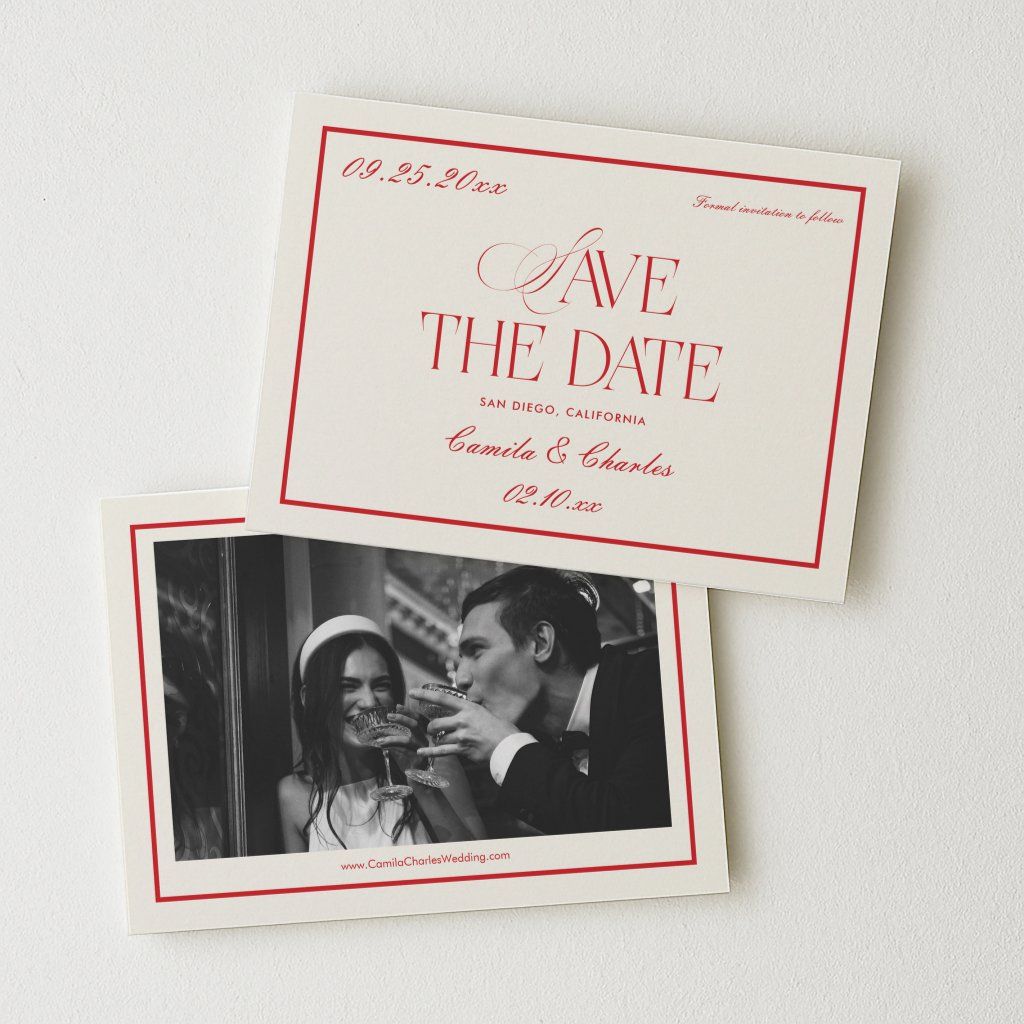 Retro Red and White Wedding Save the date Photo Invitation