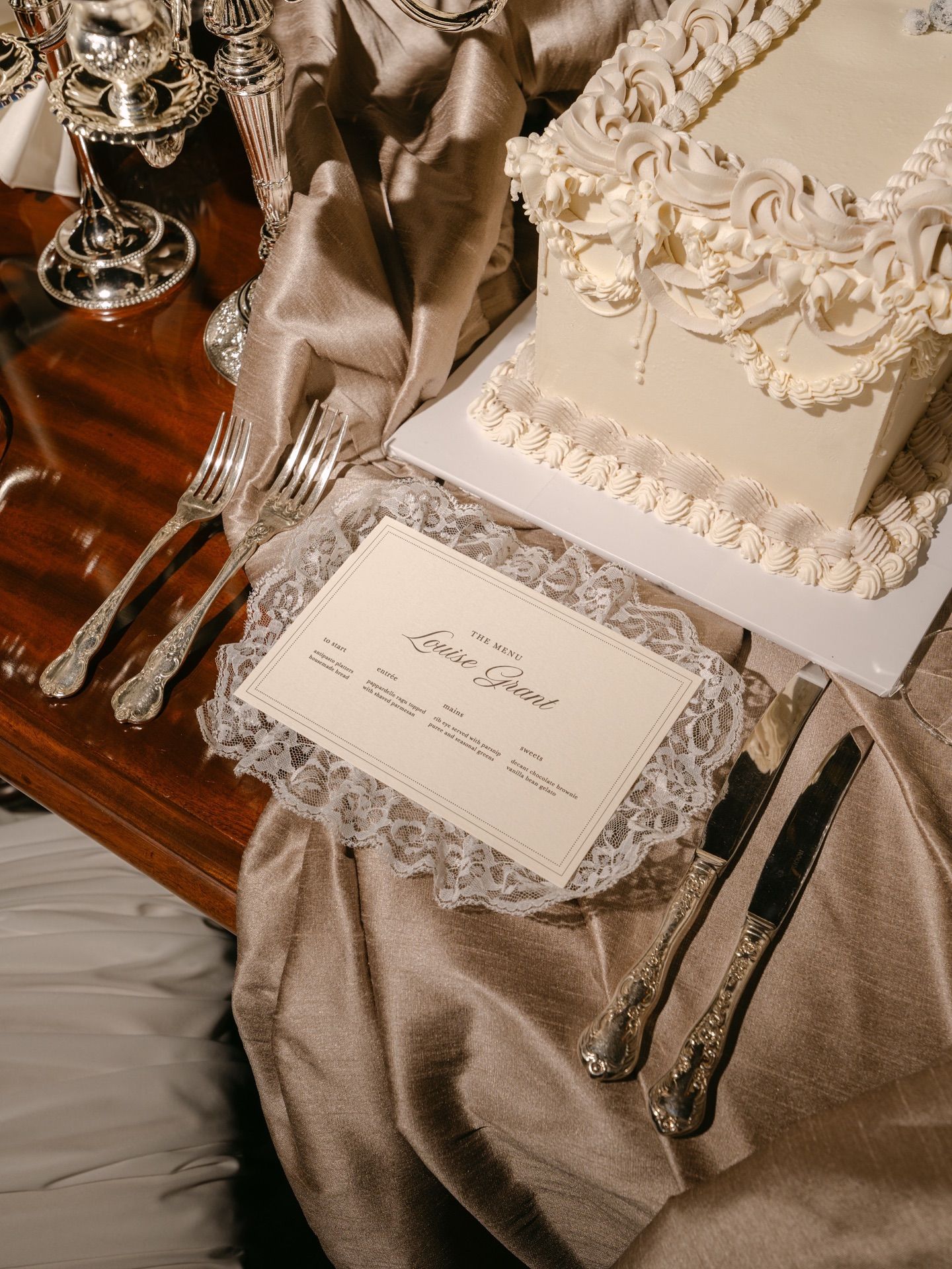 Lace-Trimmed Menu with Romantic Old World Elegance wedding table styling