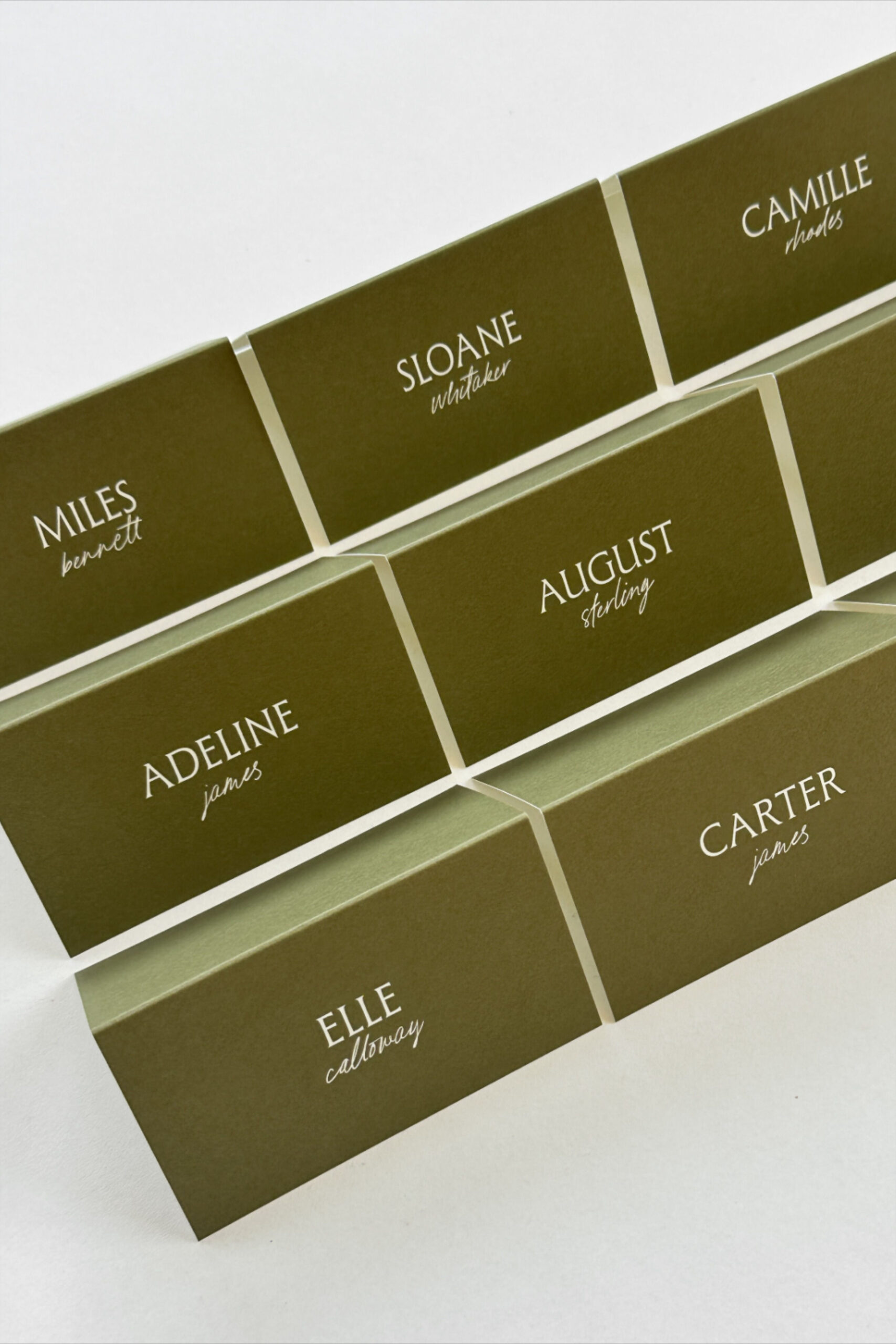 Minimalist Green Wedding Place Cards with White Lettering