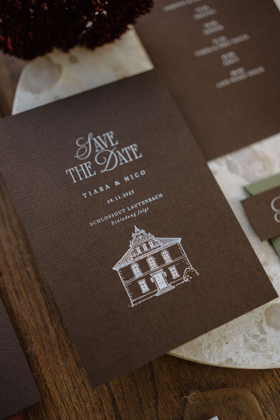 Save the Date in Chocolate Brown – Venue Sketch & Fine-Art Papeterie