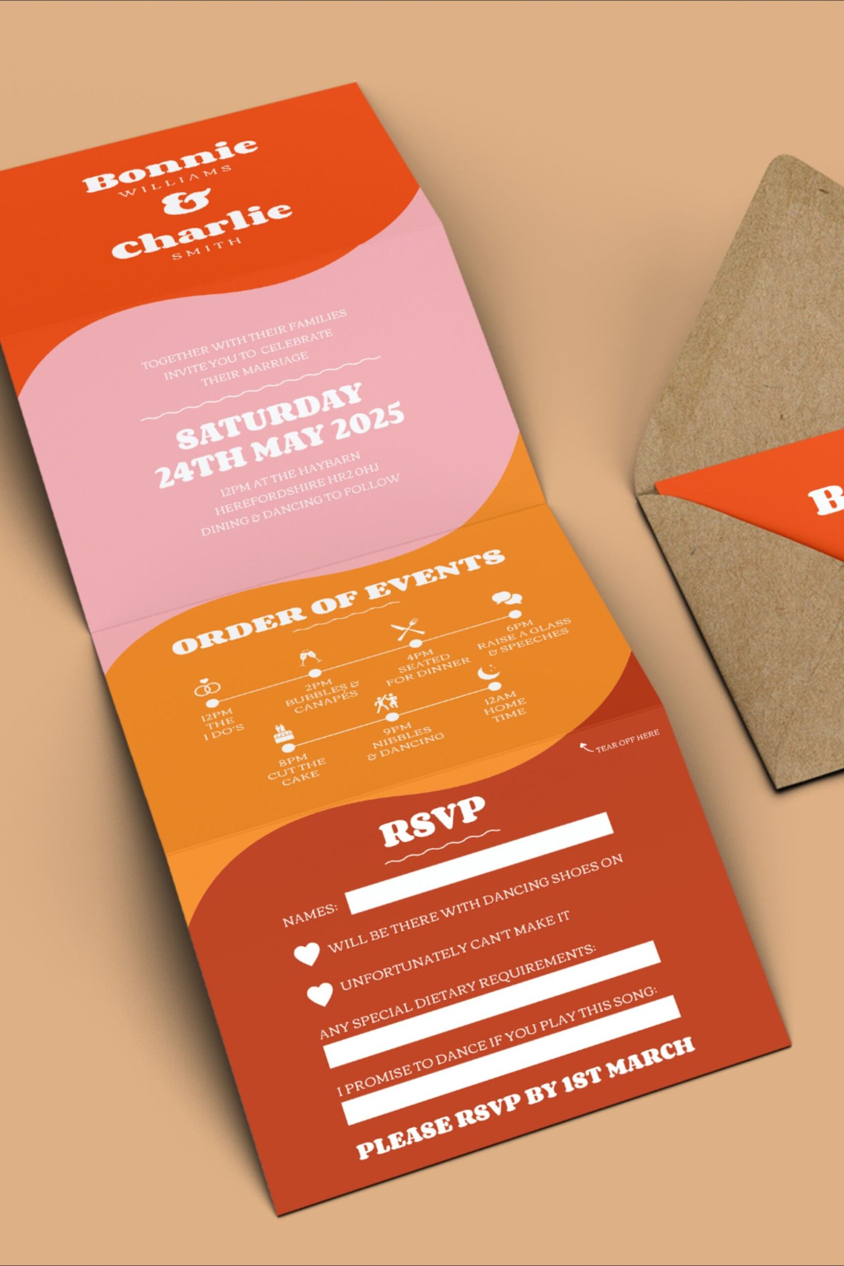 Retro 1970s Wedding Invitation Template — Folded Concertina — Boho 60s and 70s vibe