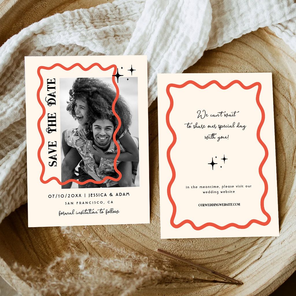 Wavy Frame Retro Wedding Photo Save The Date | Zazzle