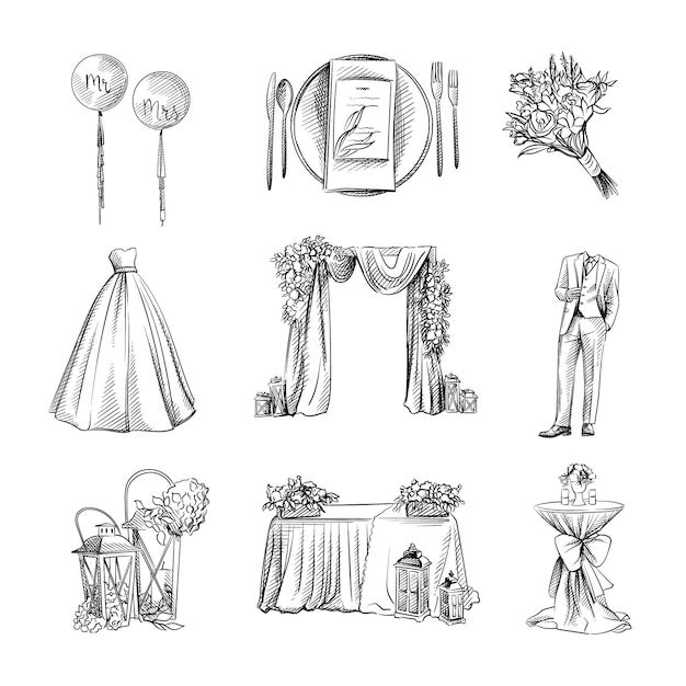 Ensemble de mariage aquarelle Bllack et blanc dessiné à la main. | Vecteur Premium